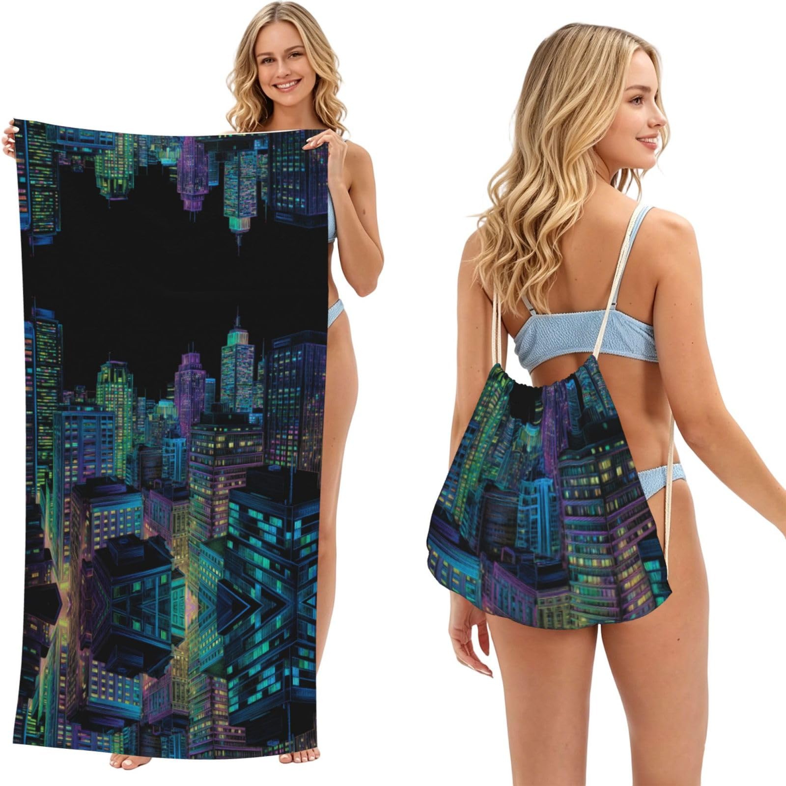 ESNAIUVCD Neon-Lit Cityscape Print Beach Towel For Adults,Towel With Drawstring Bag, Travel Pool Swimming Sports Shower Sand Free Quick Dry Bath Towel For Pool, Beach, Yoga- 180x60cm