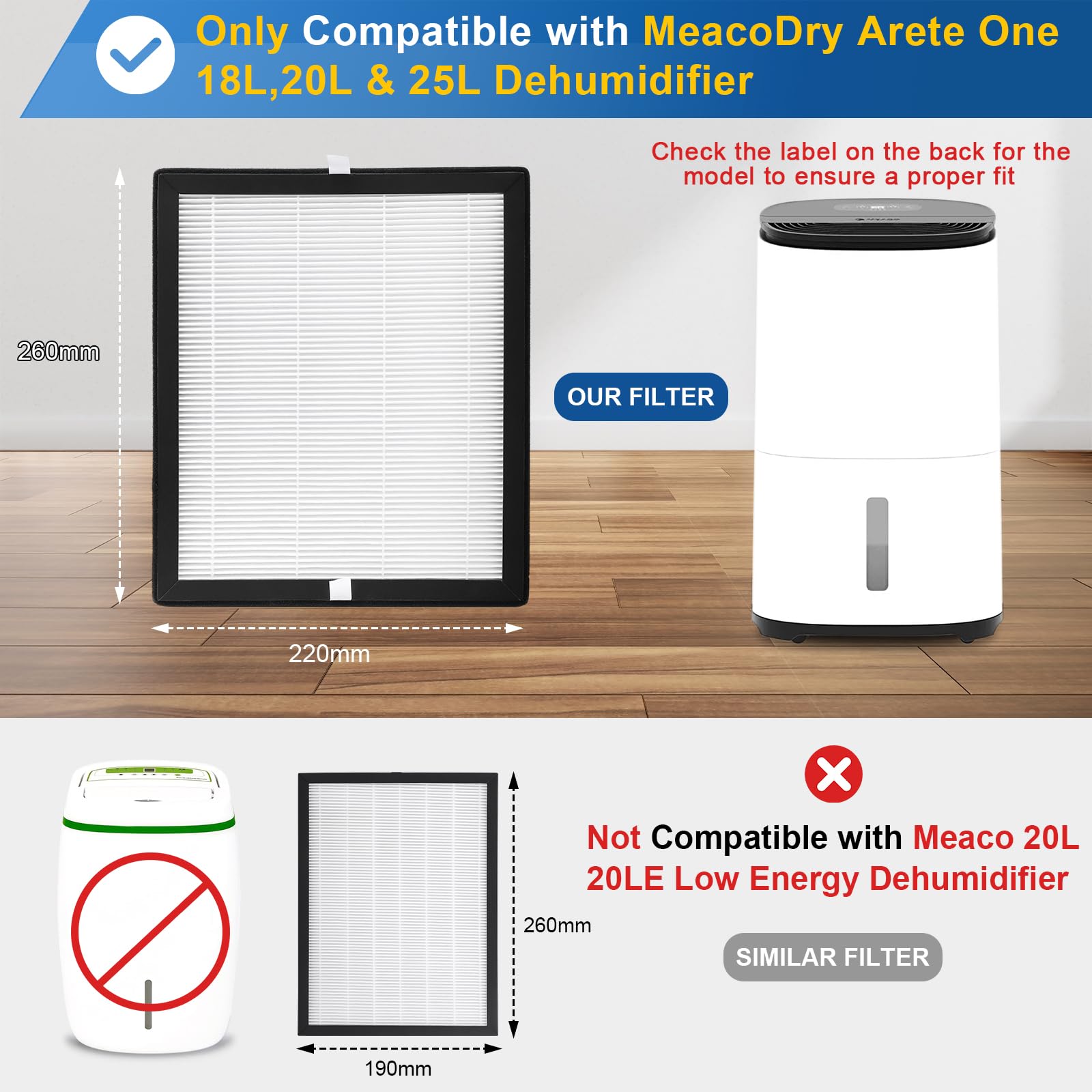 Kigniote Paquete de 3 filtros HEPA compatibles con MeacoDry Arete One 18L, 20L y 25L deshumidificador purificador de aire 2 en 1, 26 x 22 x 1,5 cm, no compatible con deshumidificador Meaco 20L 20LE de