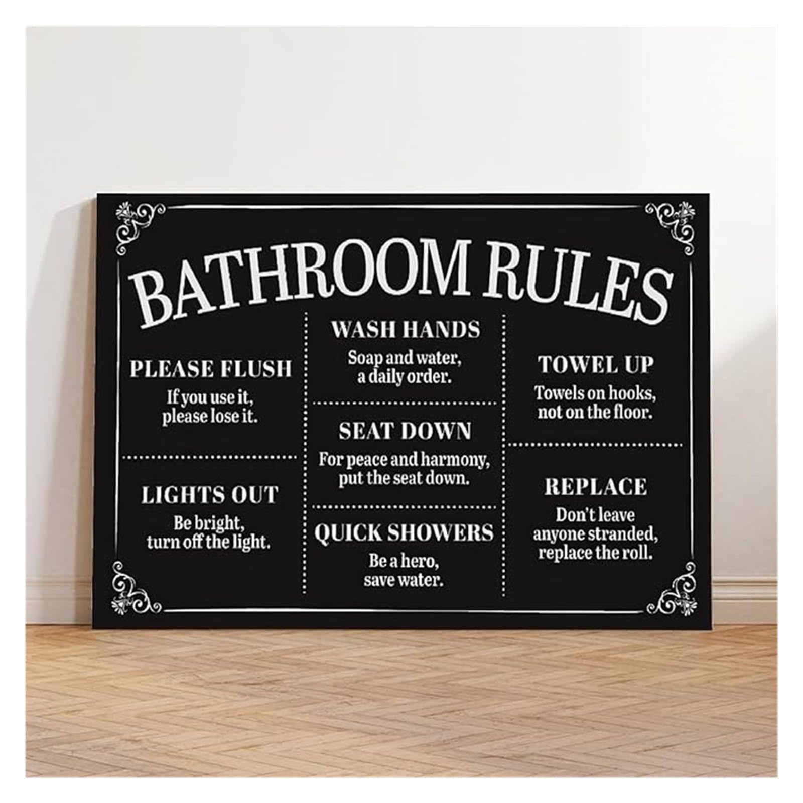 ZDVHOMCB Funny Bathroom Rules Sign Farmhouse Rustic Poster Humorous Wall-Art Decor for Toilet Restroom or Washroom Framed,08x12inch(20x30cm)