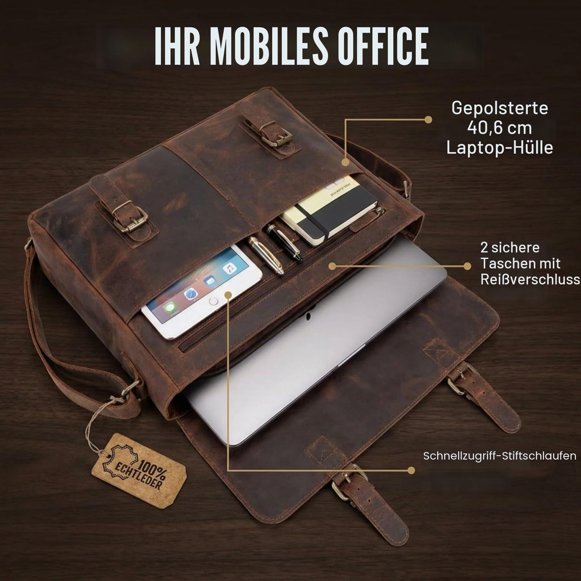 moonster Aktentasche Herren Leder - Handgefertigte Laptoptasche 16 Zoll aus Büffelleder, Messenger Bag mit gepolstertem Fach, Umhängetasche für Damen & Herren, Lehrertasche Braun Rustikal