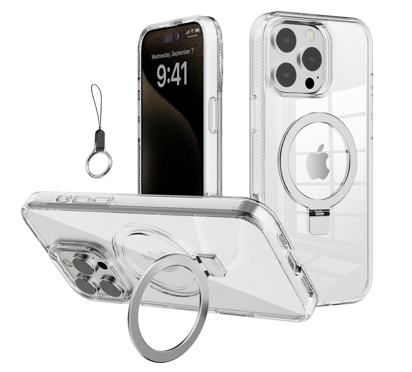 iPhone 13mini ケース【MagSafeリング・スタンド一体】丸型スタンド付きマグネット搭載 縦横両対応 米軍MIL規格 耐衝撃 全透明 指紋防止 黄変防止 カメラレンズ保護 アイフォン 13miniカバー 5.4 インチ ケースワイアレス充電対応 ストラップホール付きあいほん13mini-クリア