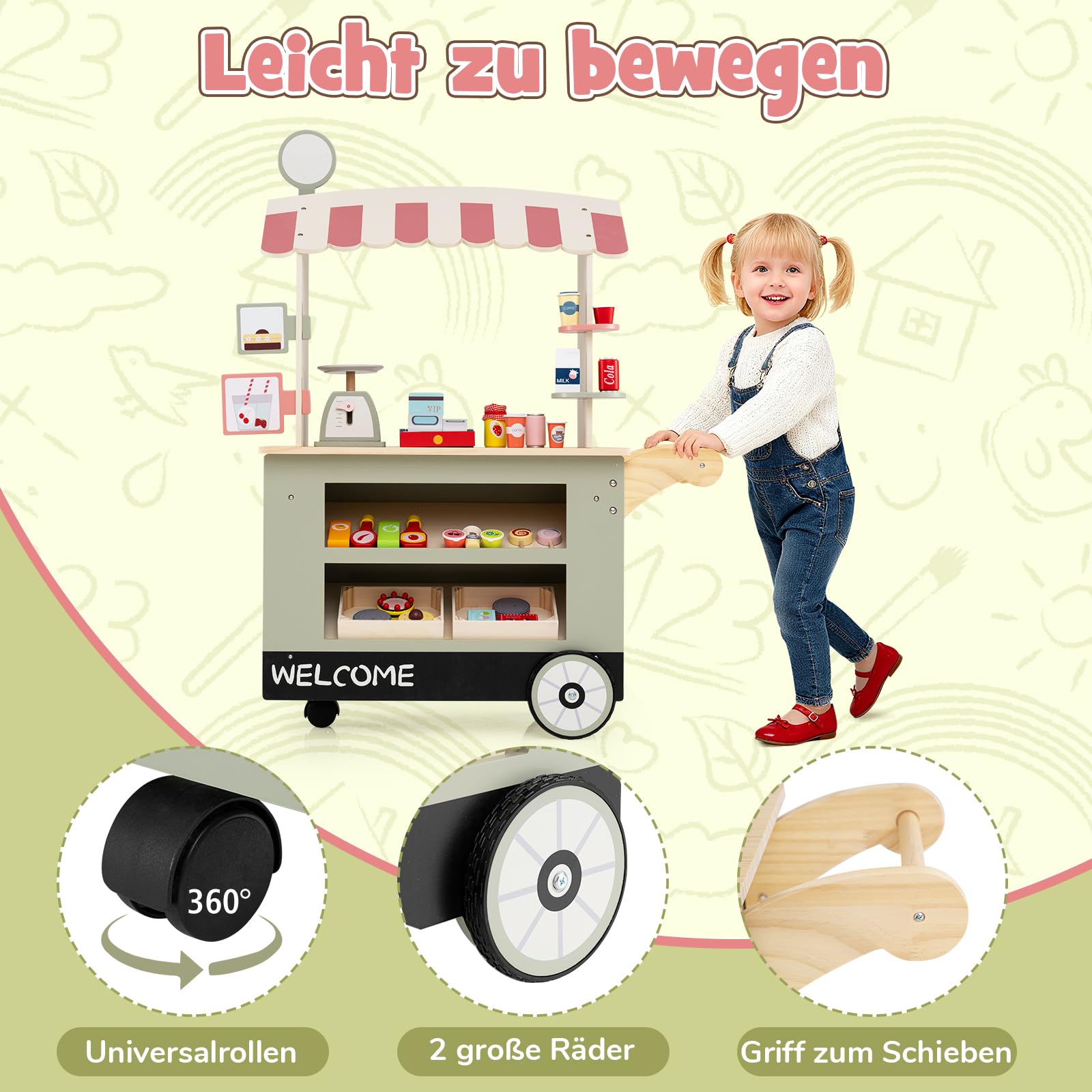 GOPLUS Kinder Kaufladen, Kaufmannsladen mit 2 Ablagen, Baldachin & 30 Zubehör, Einkaufsladen Holz mit 3 Rädern, Schiebegriff, Supermarkt für Rollenspiele, Verkaufsladen für Kinder ab 3 Jahren (Grün)