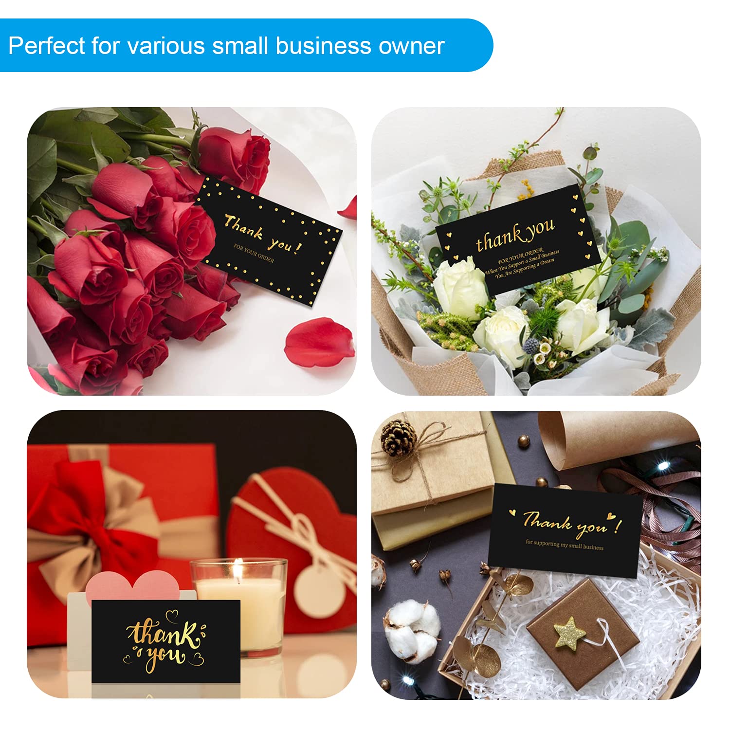 180 Dankeskarten „Support My Small Business“ – Schwarz-gold, 5,1x8,9 Cm, Für Einzelhandel, Shop-Einsätze & Pakete