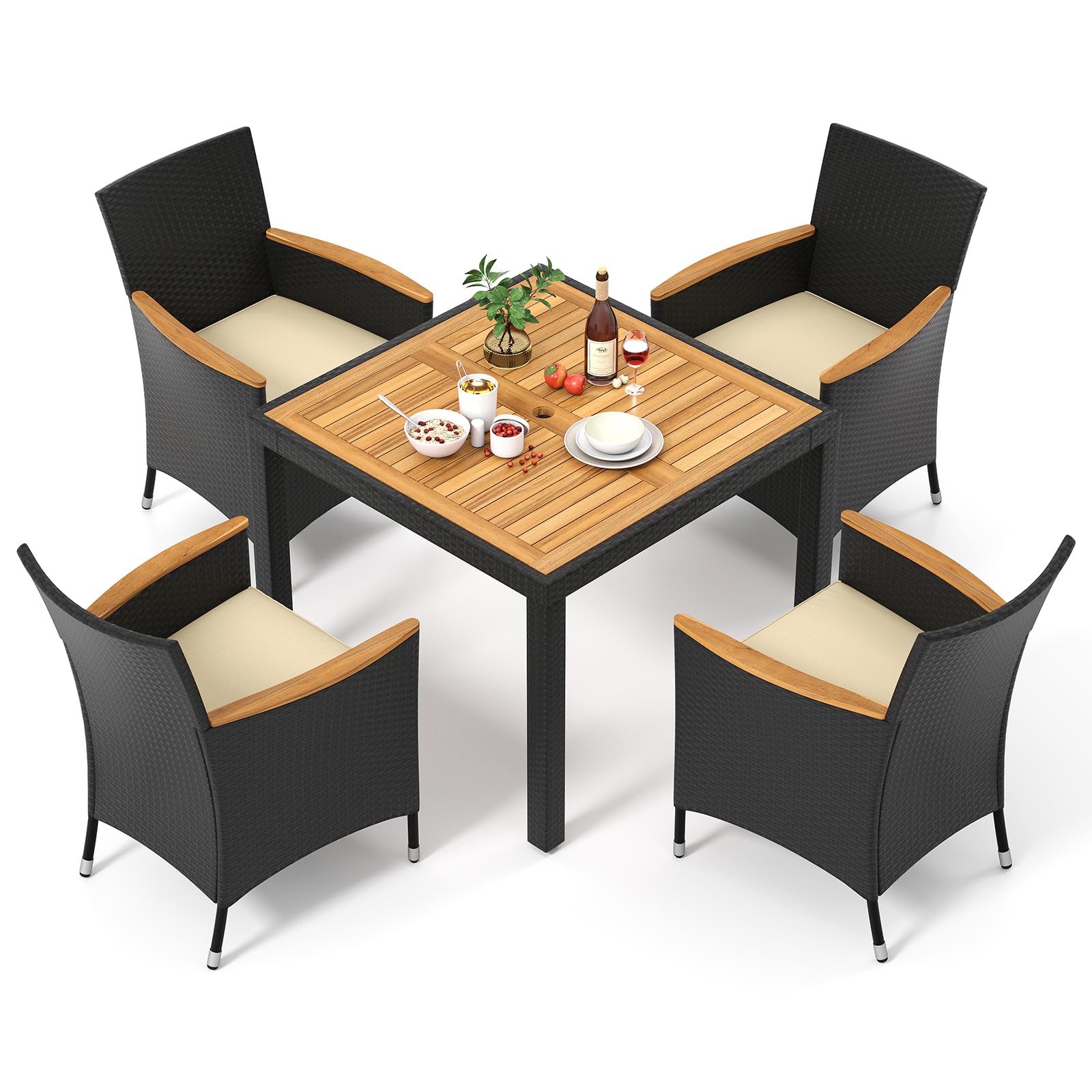 Tangkula 5 Pieces Patio Dining Table Set for 4, Rattan Conversation Set with Umbrella Hole, Seat Cushions & Acacia Wood Tabletop, Outdoor Dining Table with 4 Chairs for Backyard, Poolside & DeckGlobal Recycled StandardGlobal Recycled StandardGlobal Recycled Standard