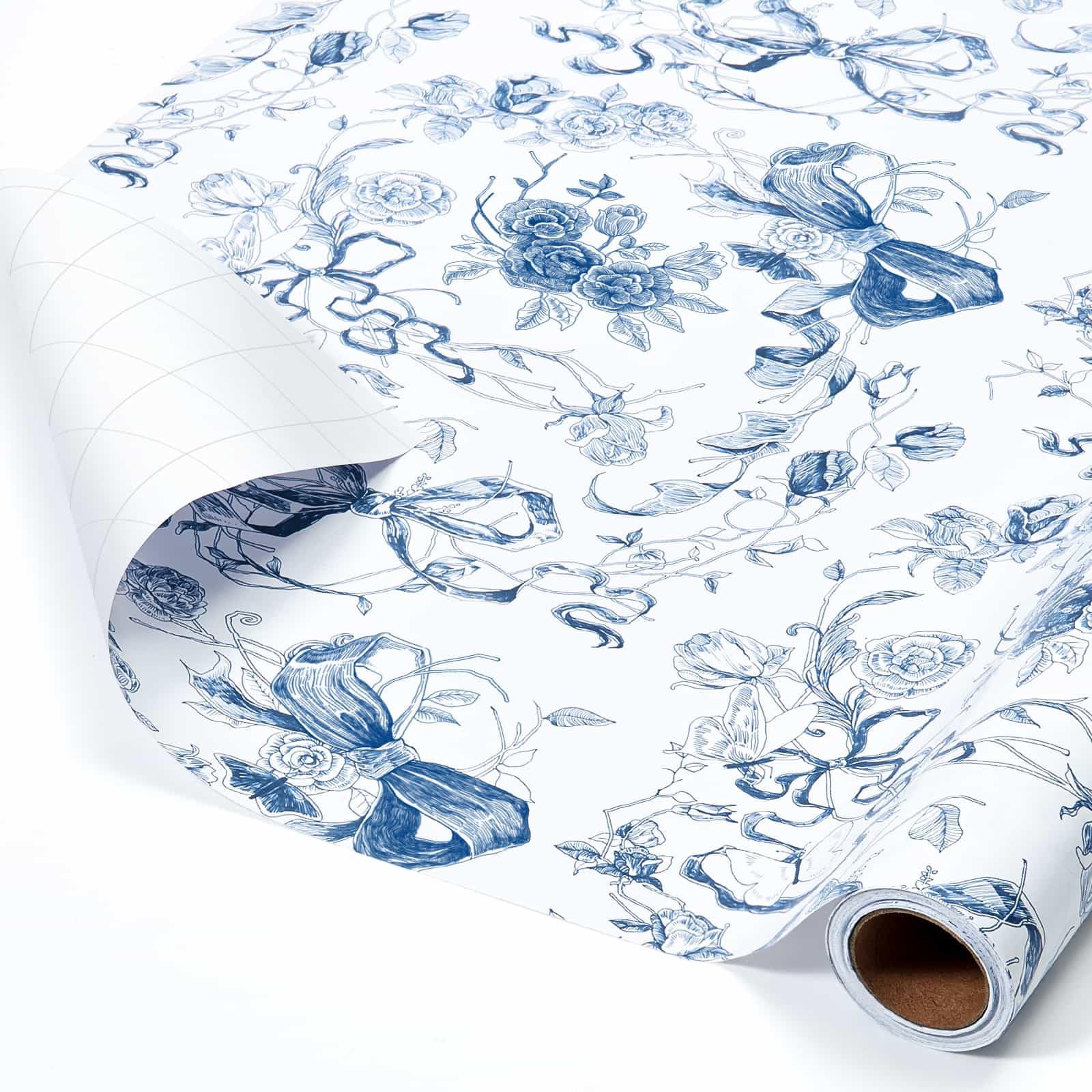 WERNNSAI Blue Bow Floral Wrapping Paper Roll - 1 Roll 17βx 33 ft Baby Blue Bow Gift Wrap Paper Vintage Floral Gift Packing for Coquette Birthday Wedding Bridal Shower Party Supplies