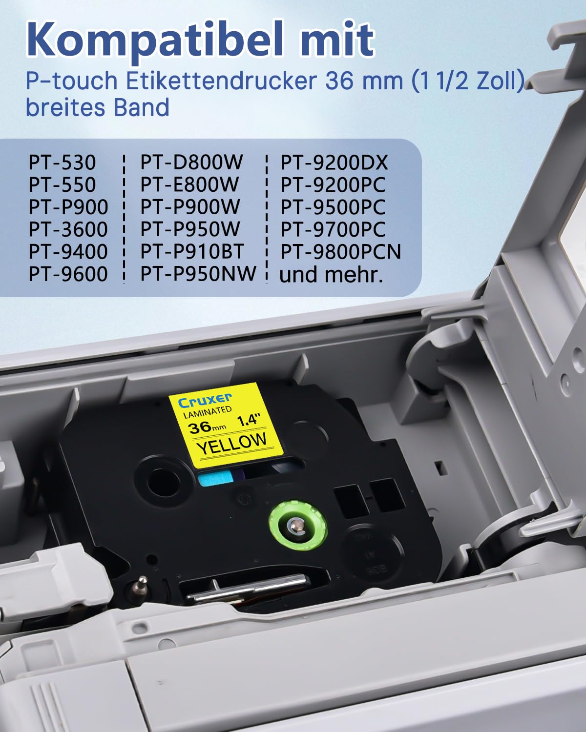 Cruxer 10er-Pack Kompatibel mit P-touch TZe-661 TZe661 36 mm Laminiertes Etikettenband, Schwarz auf Gelb, Ersatz für Ptouch PT-530 550 3600 9200pc 9200dx 9400 9500pc 9600 9700PC Etikettendrucker