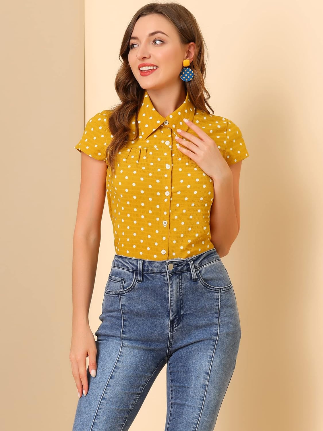 Allegra K Women's Vintage Polka Dots Shirt Retro Short Sleeve Button Up Tops - Image 2