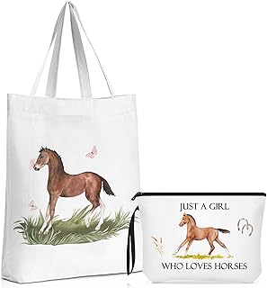 2 Pcs Horses Makeup Bag Horses Tote Bag Horse Cosmetic Bags Portable Makeup Zipper Pouch and Canvas Tote Bag Reusable Horse Lover Gift for Girl Women Travel Funny Shopping, White