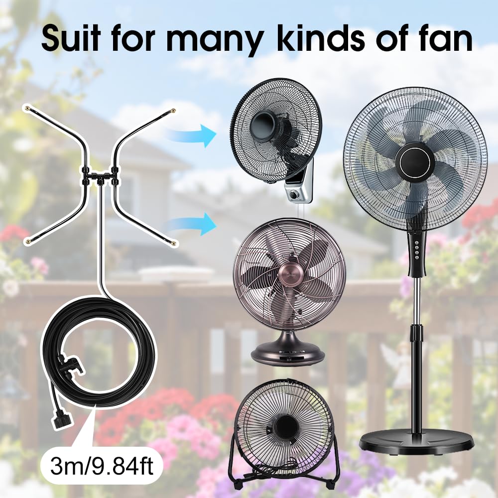 Brumisateur Exterieur, Sprühnebel Kühlung Set für Lüfter, Lüfter MIsting Kit mit 5 Messing Nebeldüsen, Brumisateur Terrasse Système de Refroidissement de Brumisation pour Patio Jardin Serre
