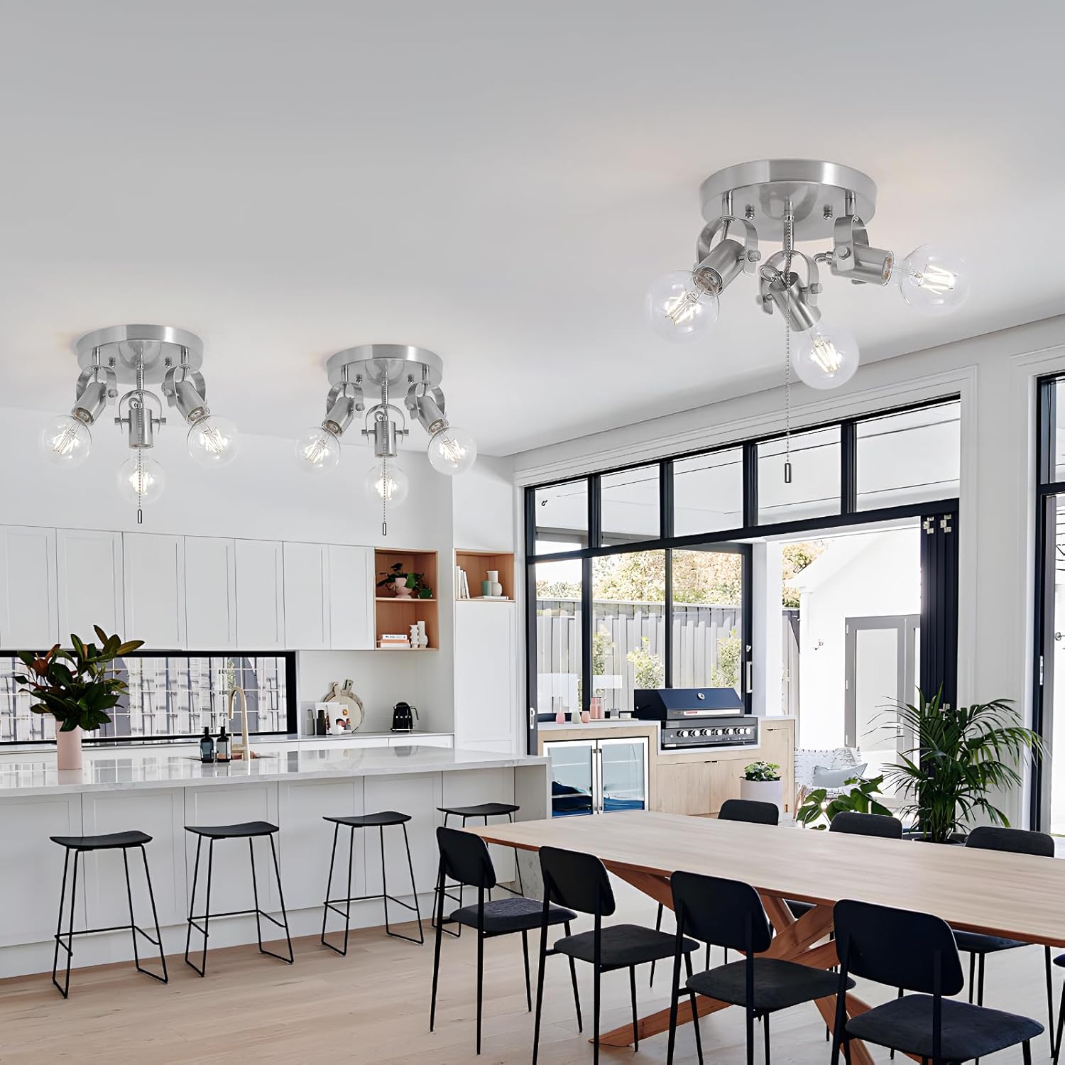 SEEBLEN 3 Light Nickel Flush Mount Ceiling Light with Pull Chain, Industrial Kitchen Ceiling Light with Rotatable Light Head,Nicke Pull String Light Fixture for Bedroom Hallway Kitchen Laundry