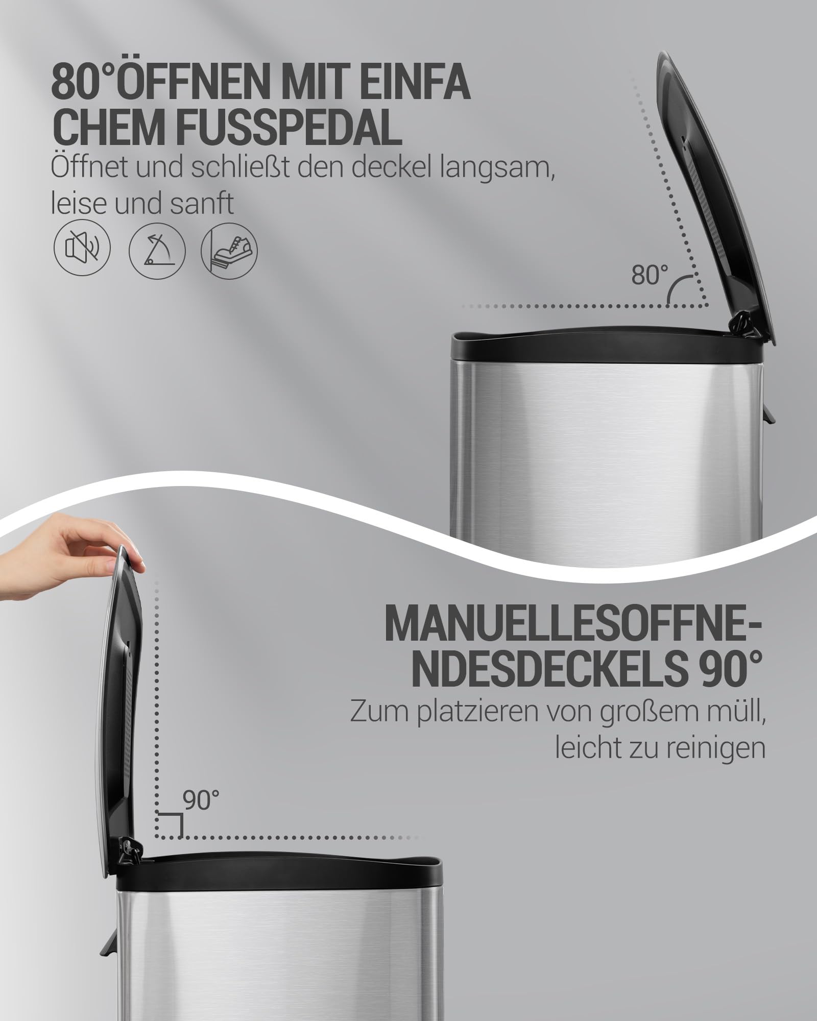 Hzuaneri Mülleimer Küche, 50 Liter Abfalleimer mit Tretpedal, Tretmülleimer mit Softclose-Deckel und Inneneimer, Küchenmülleimer mit 15 Müllbeuteln, Stahl, Silber SW15099E
