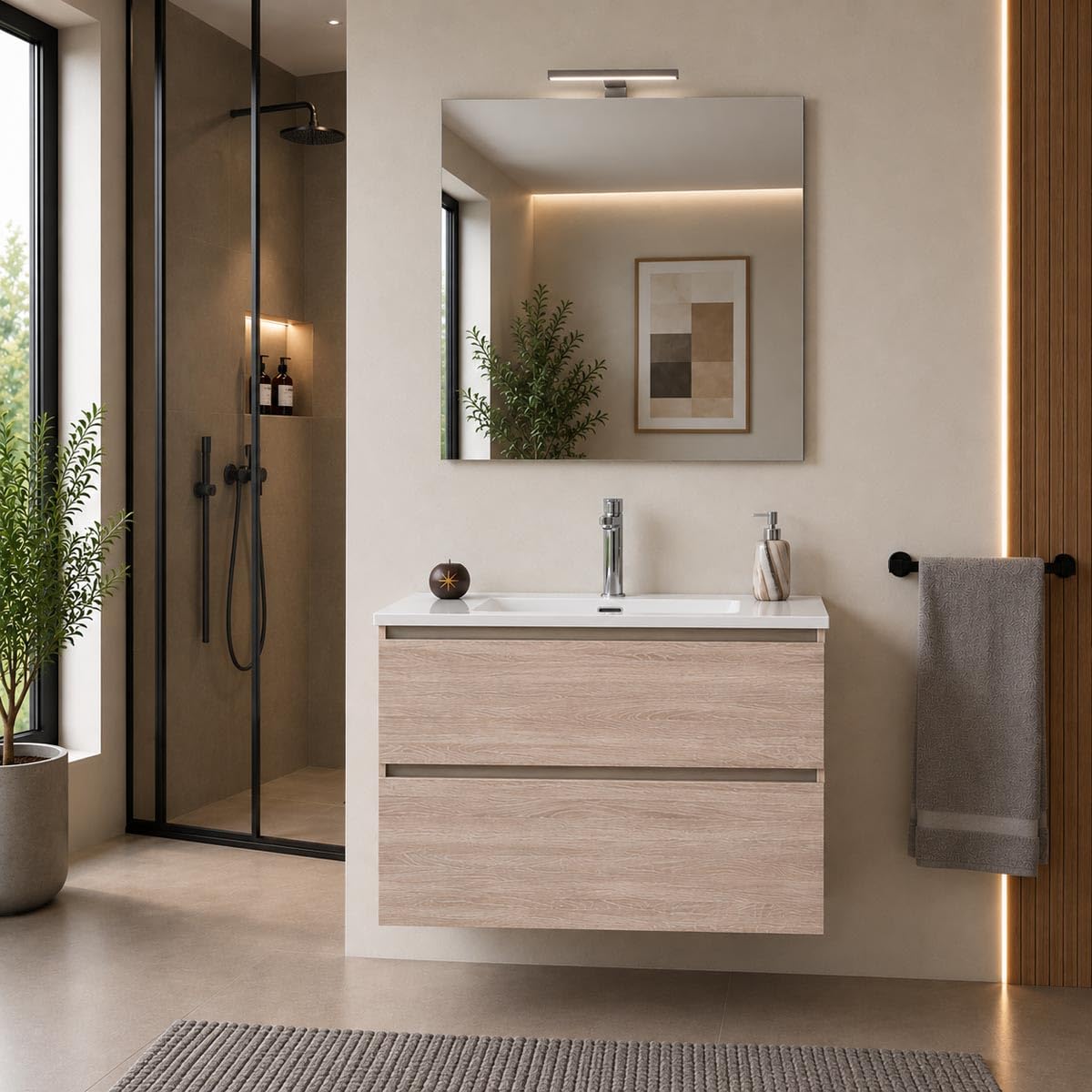 Yellowshop | Mobile Bagno Sospeso CLOE - Composizione Completa con Lavabo Ceramica, Chiusura Soft Close, Finitura Rovere (100 cm, Mobile con Lavabo)