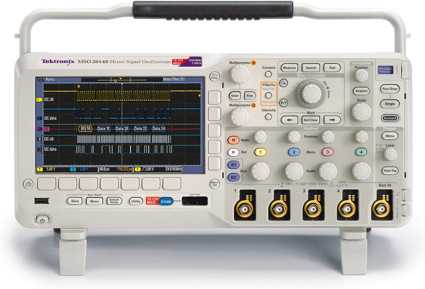 Tektronix MSO2014B Mixed Signal Oscilloscope, 100 MHz, 1 GS/s Sample Rate, 1 Length, 4 Analog Channels, 5 Year Warranty