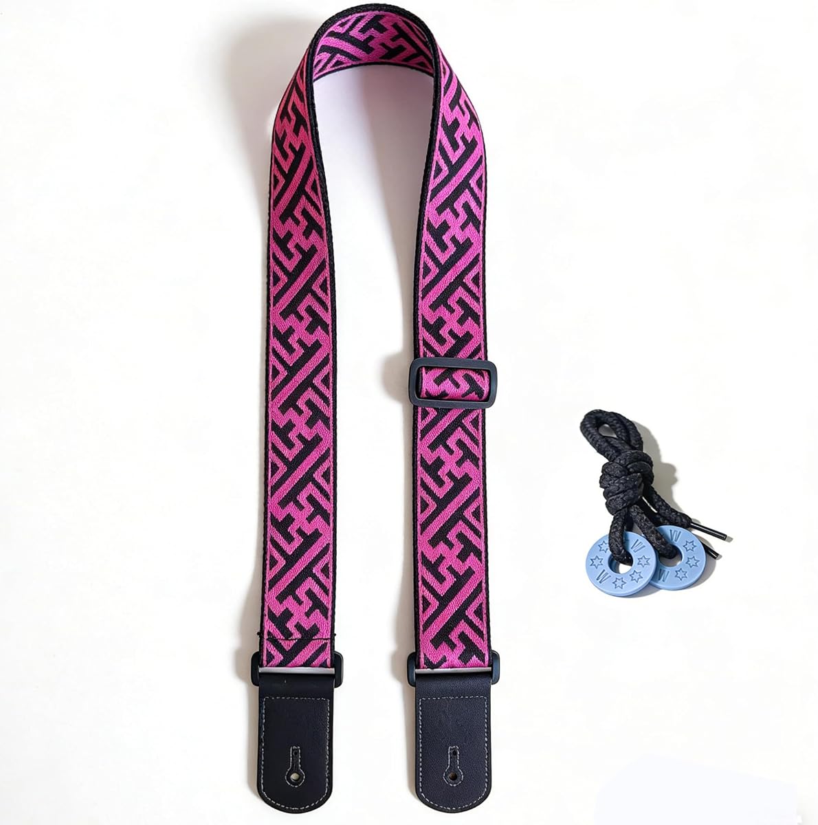 Guitar Strap, dopamine rose red youth modern fashion Cotton Guitar Strap with leather at both ends for bass, electric and acoustic guitars, comes with two strap anti-slip pads