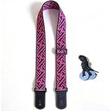 Guitar Strap, dopamine rose red youth modern fashion Cotton Guitar Strap with leather at both ends for bass, electric and acoustic guitars, with two strap anti-slip pads