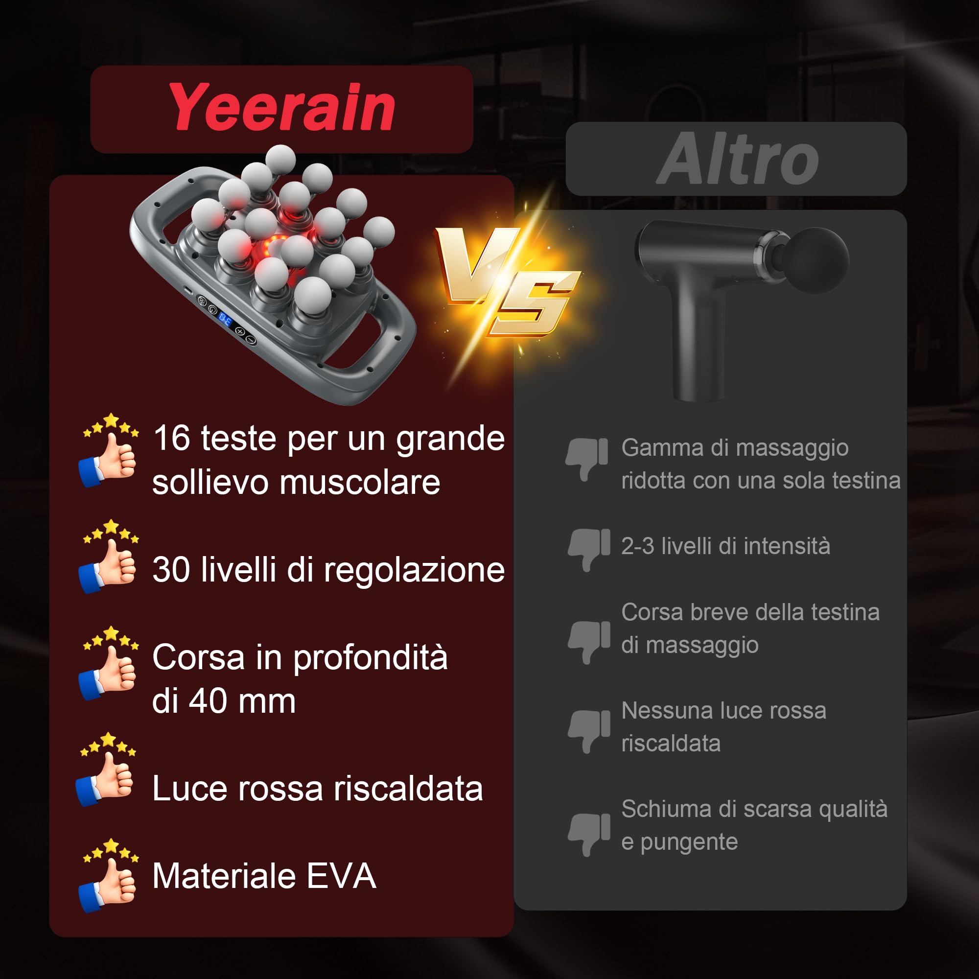 Pistola Massaggio Muscolare a 16 Testine, con 3 Modalità e 30 Velocità Regolabili, Massaggiatore con Luce Rossa per Alleviare la Tensione Muscolare e L'affaticamento per Schiena, Gambe