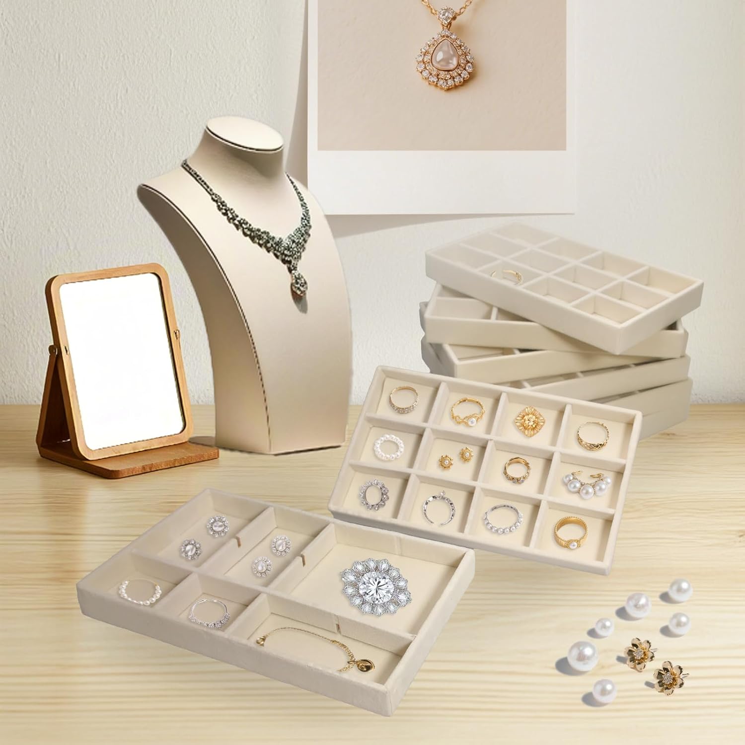 12 Pcs Small Velvet Jewelry Trays 8.3 x 4.7 x 1 inch 12 Grids Stackable Storage Trays Drawers Organizer for Ring Earring (Beige) - Image 4