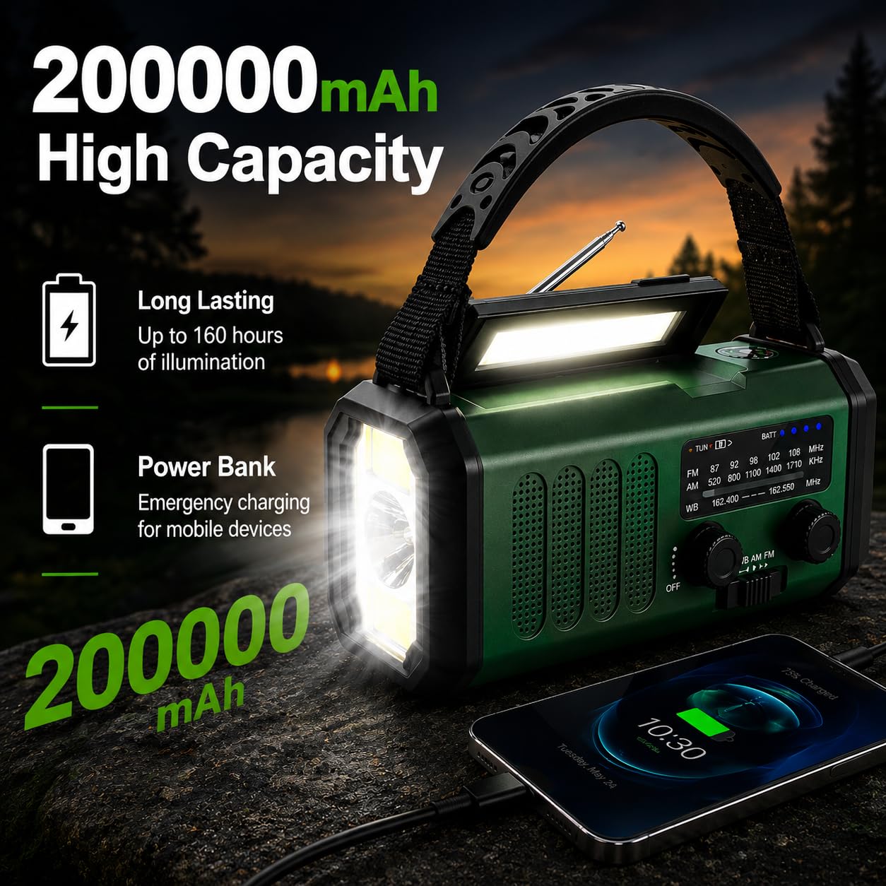 Radio Dynamo Survie 20000mah Radio Solaire SW/AM/FM Radio d'urgence Portable Alarme SOS avec Lampe de Lecture Boussole Générateur à Manivelle et Solaire Charge d'urgence pour Smartphones