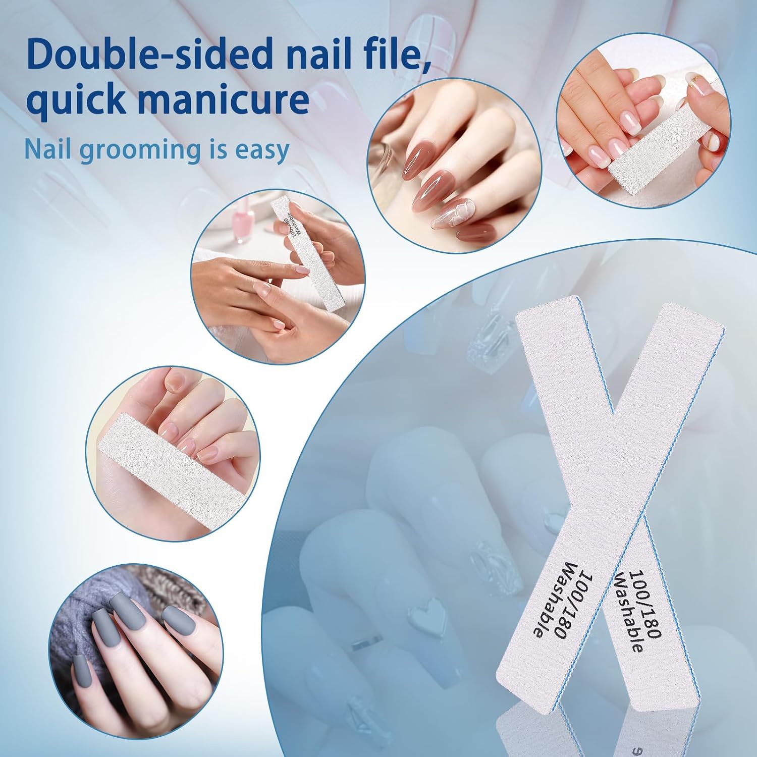 LNAUJS 3PCS Professional Reusable Double-Sided 100/180 Grit Blue Nail File