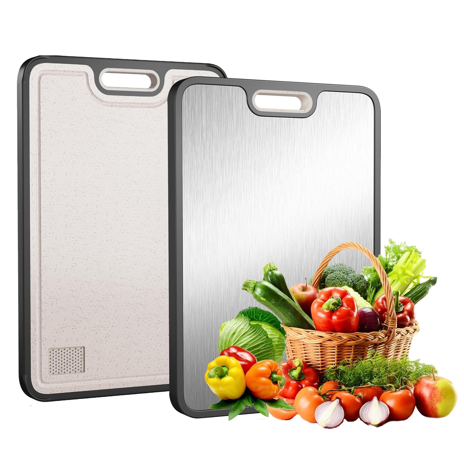 FONPOO Tagliere Acciaio Inox, Taglieri Cucina Realizzato in Acciaio Inox 304 per Uso Alimentare e Materiale PP Paglia di Grano, Tagliere per Tritare Carne, Verdure, Frutta e Pane (38,5 x 26,5 cm)