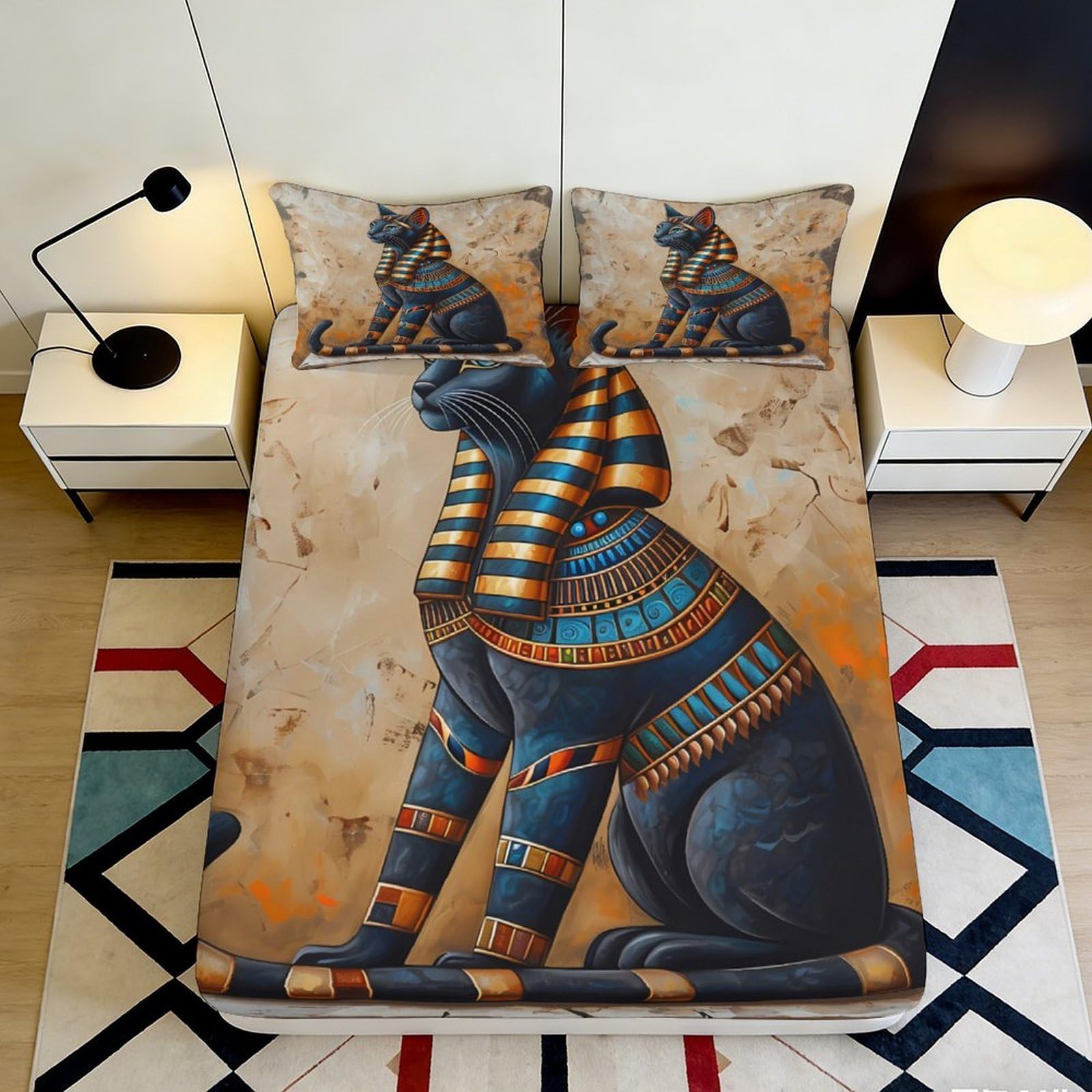 Pnayamiorkfel Style-9 3D Printed Egyptian Cat Art Fitted Sheet Microfiber Soft Non-Slip Bed Cover For Bedroom Dorm Decor 90X200x25cm