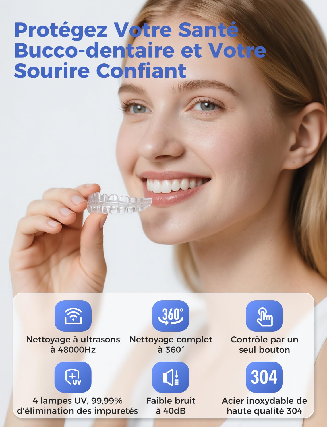 Nettoyeur Ultrasons, Ultrasonic Cleaner 48000Hz, Dental Pod 200ml, Nettoyeur Gouttiere Dentaire avec Lampe UV, pour Prothèses Dentaires/Gouttière Dentaire/Retainer/Bijoux, Blanc