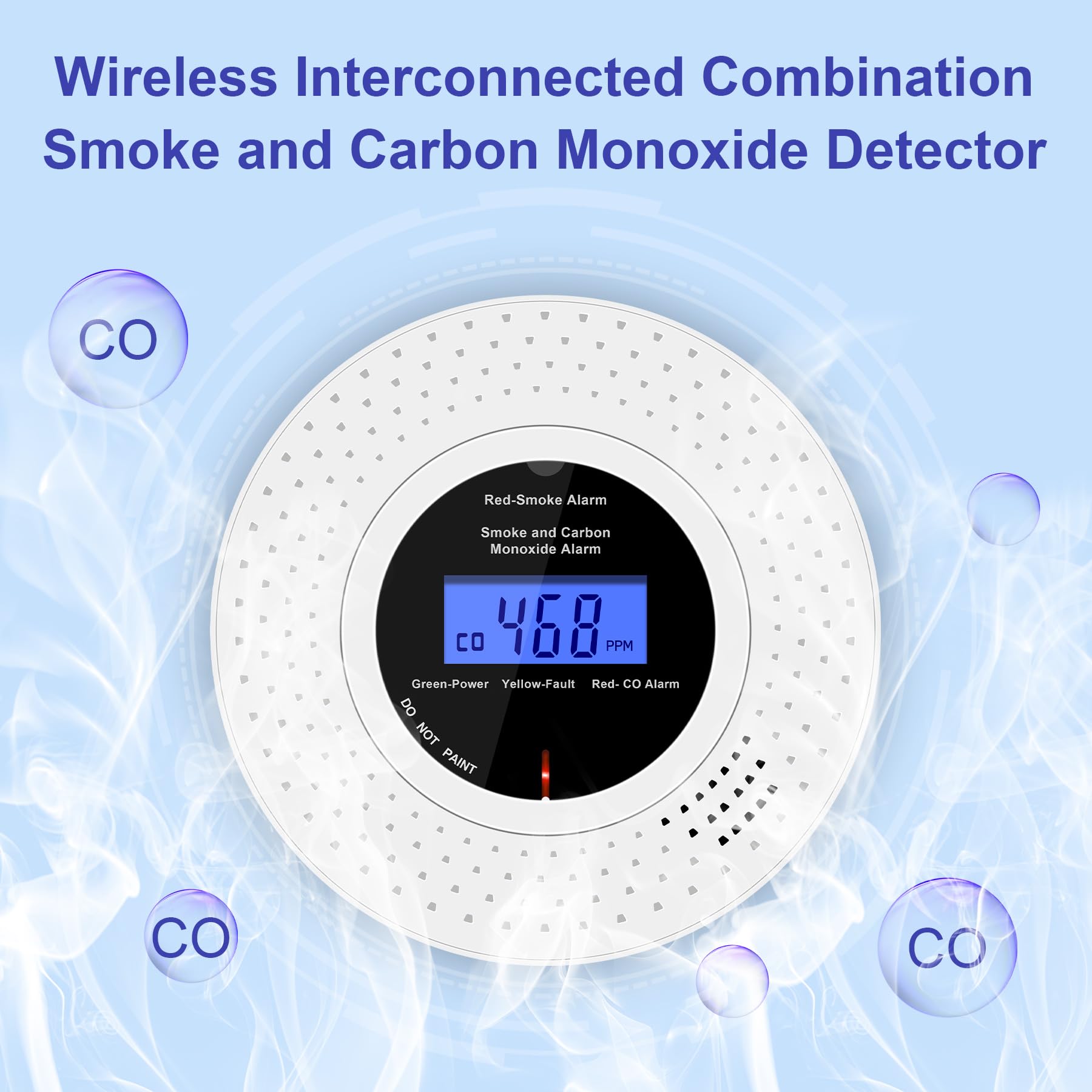Alarma inalámbrica interconectada de humo y monóxido de carbono, alarmas de humo y detectores de monóxido de carbono con pantalla LCD en tiempo real, 10 años de vida, funciona con pilas, 3