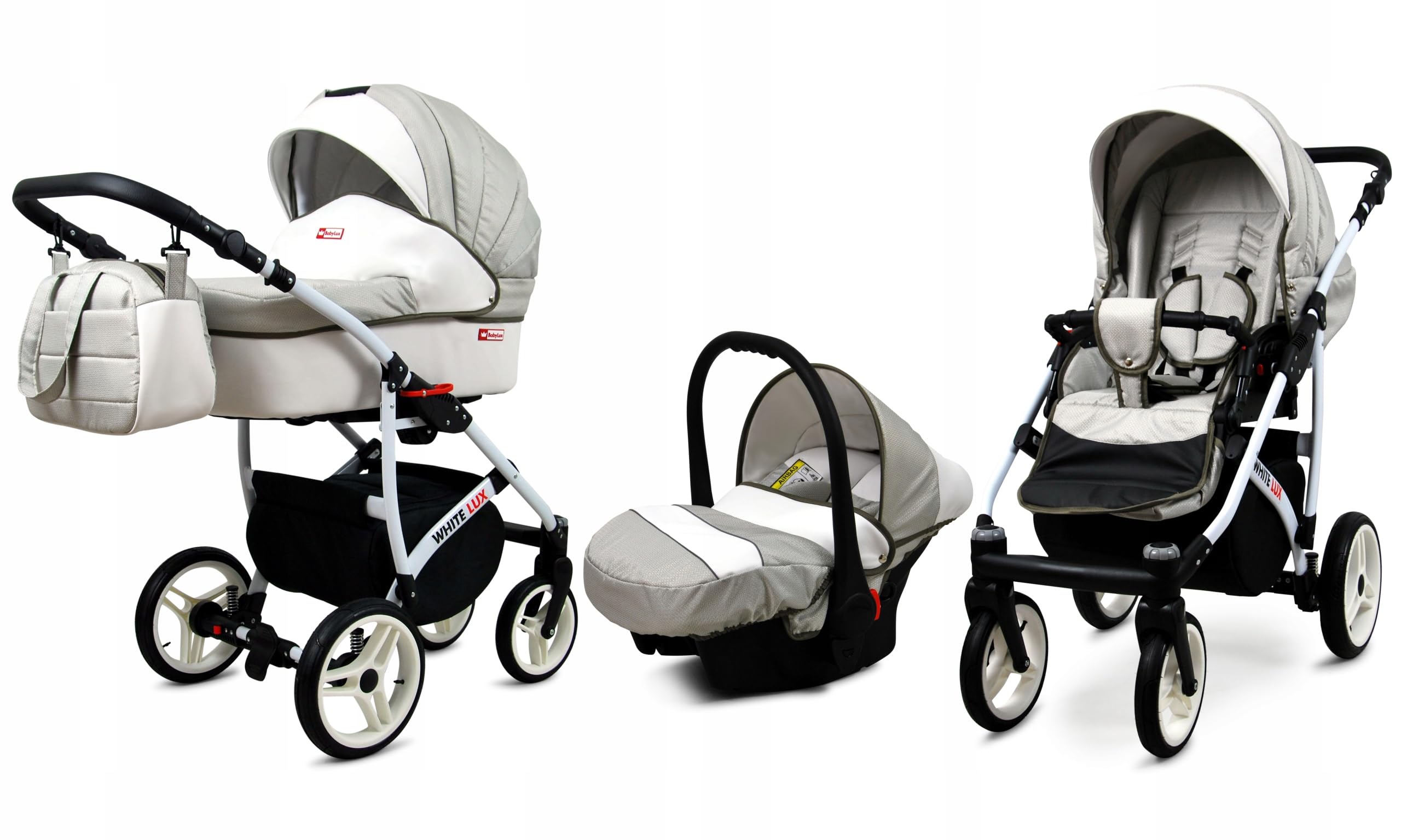 BabyLux® Kinderwagen Set 3 in 1 - White Lux - incl. Babywanne, Buggy Sportsitz, Auto-Babyschale - Autositz - Kinderwagenset - Kombikinderwagen mit Wickeltasche, Regenschutz usw.