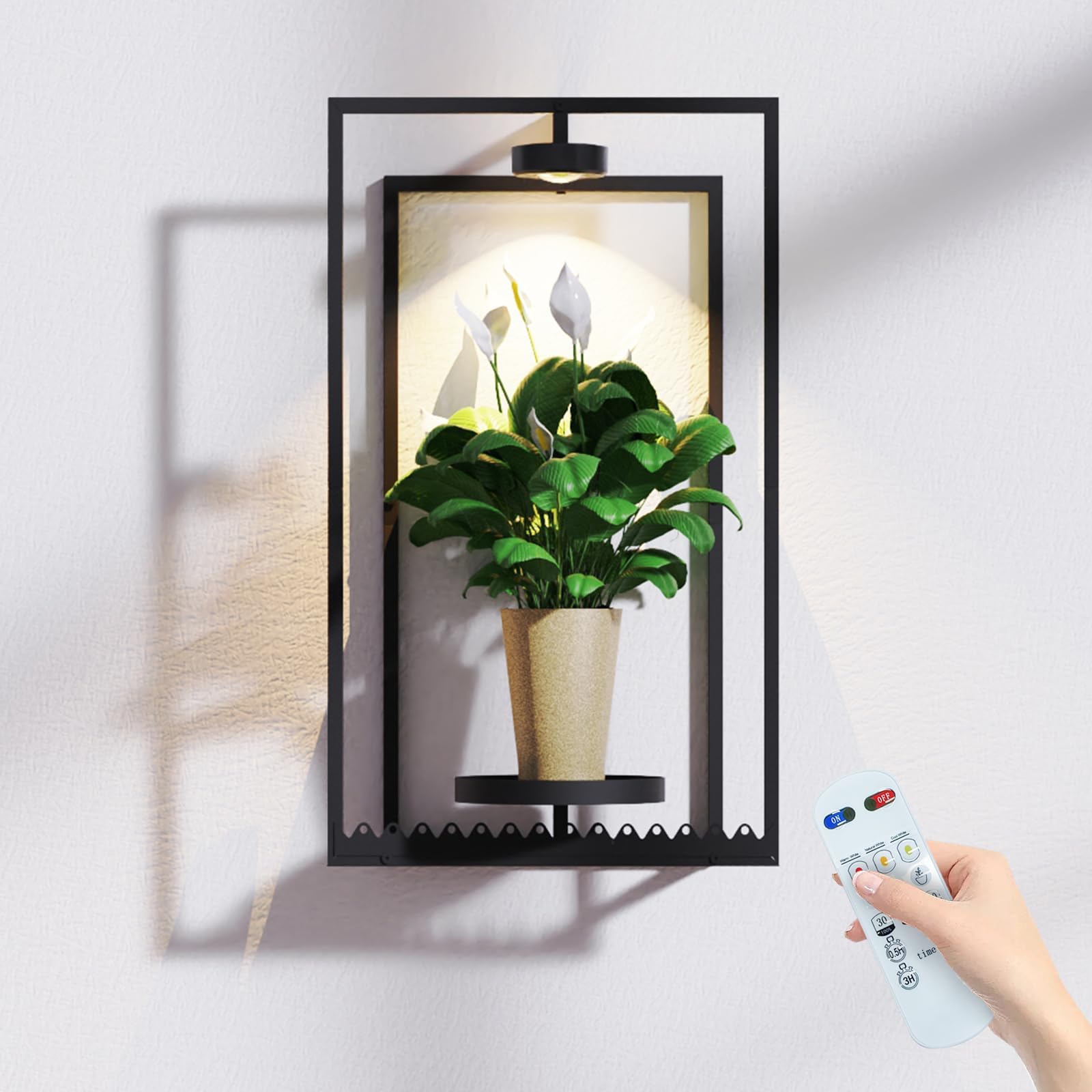 Starxing Wall Plant Shelf with Grow Lights, Remote Control Indoor Plant Holder Stand for Hanging Planters, Modern Framed Wall Decor for Living Room, Home L-1PK
