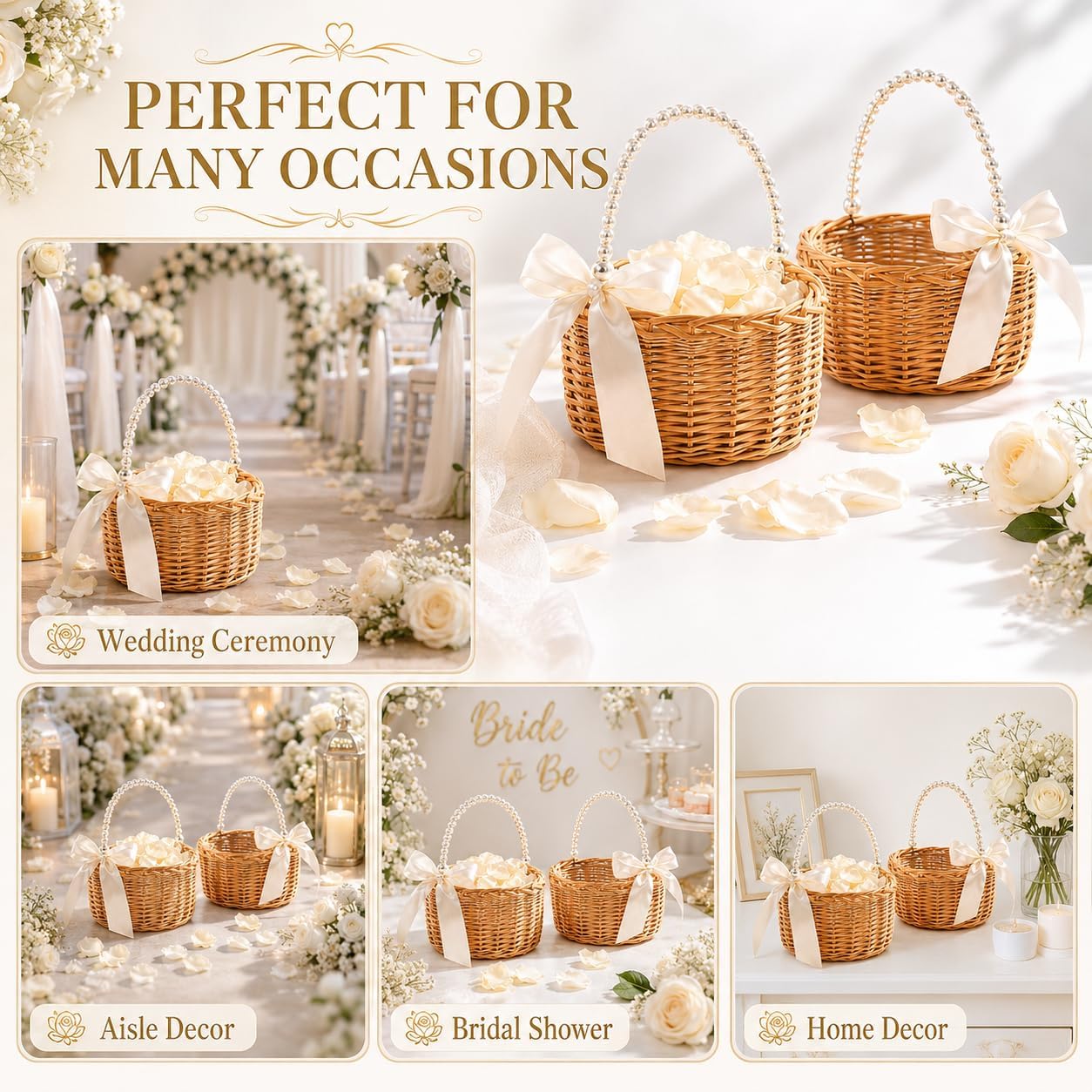 2 Pcs Flower Girl Basket Set with Pearl Handle and Ribbon Bow, Includes 200 Flower Petals, Small Wicker Baskets for Wedding Ceremony, Aisle Decoration, Bridal Shower and Party Decor