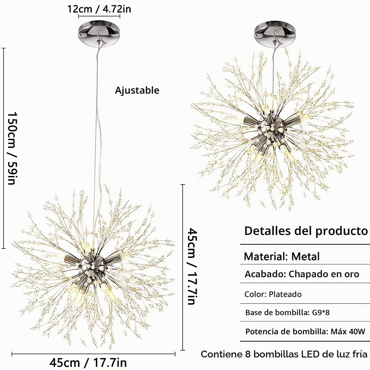 Lámparas de araña de fuegos artificiales modernas, lámpara colgante de diente de león, 8 luces G9, accesorios de aleación, con bombilla y 32 cuerdas de cristal, tienda (luz fría, plata)