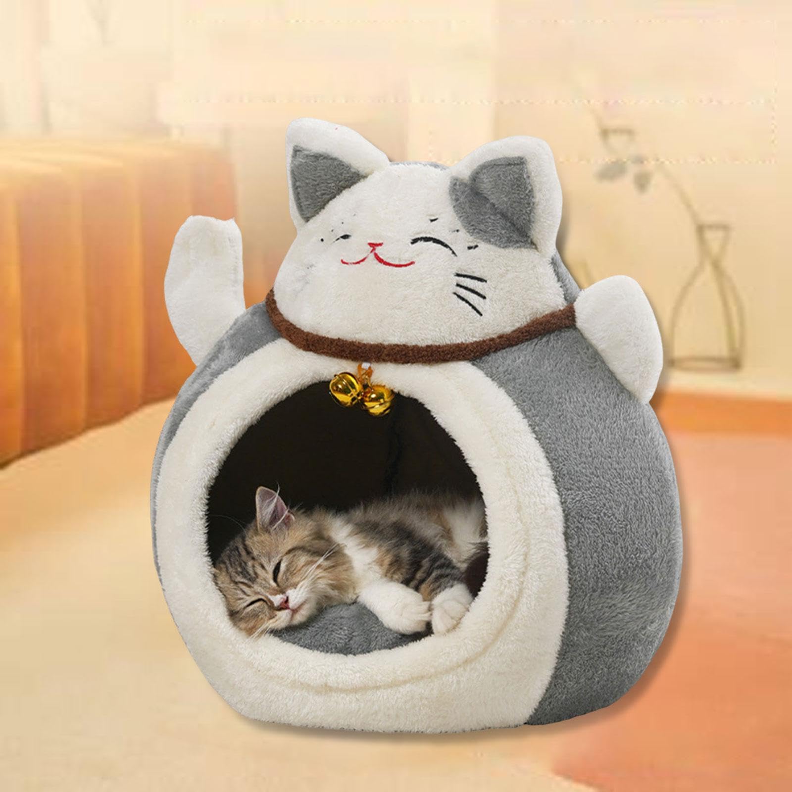 Milageto Niche pour Chat Multifonctionnelle, Abri pour Animal en Forme de Chat Porte-Bonheur, Maison Antidérapante et Confortable avec Clochette, Lit Doux en Coton PP pour Animaux de Compagnie, Gris L