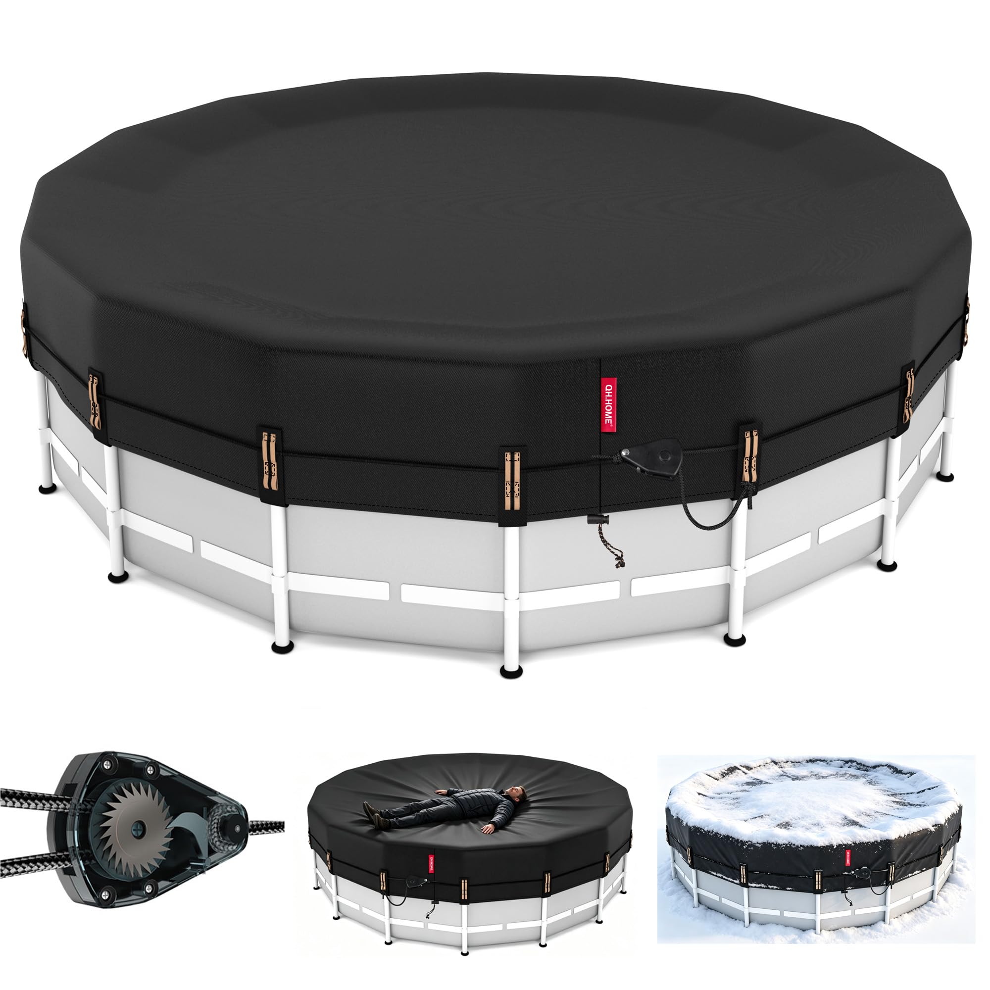 QH.HOME 12ft Winter Pool Cover,Windproof Patented Ratchet&amp;Heavy Duty Fabric