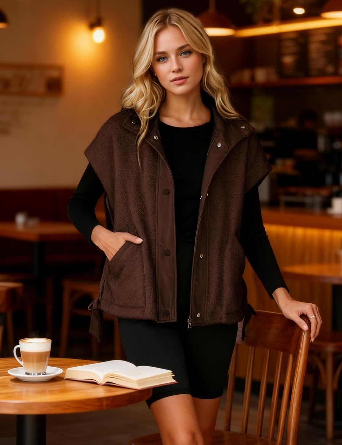 Women's Fuzzy Sherpa Fleece Vest Oversized Warm Button Down Sleeveless Outwear with Pockets - Image 5