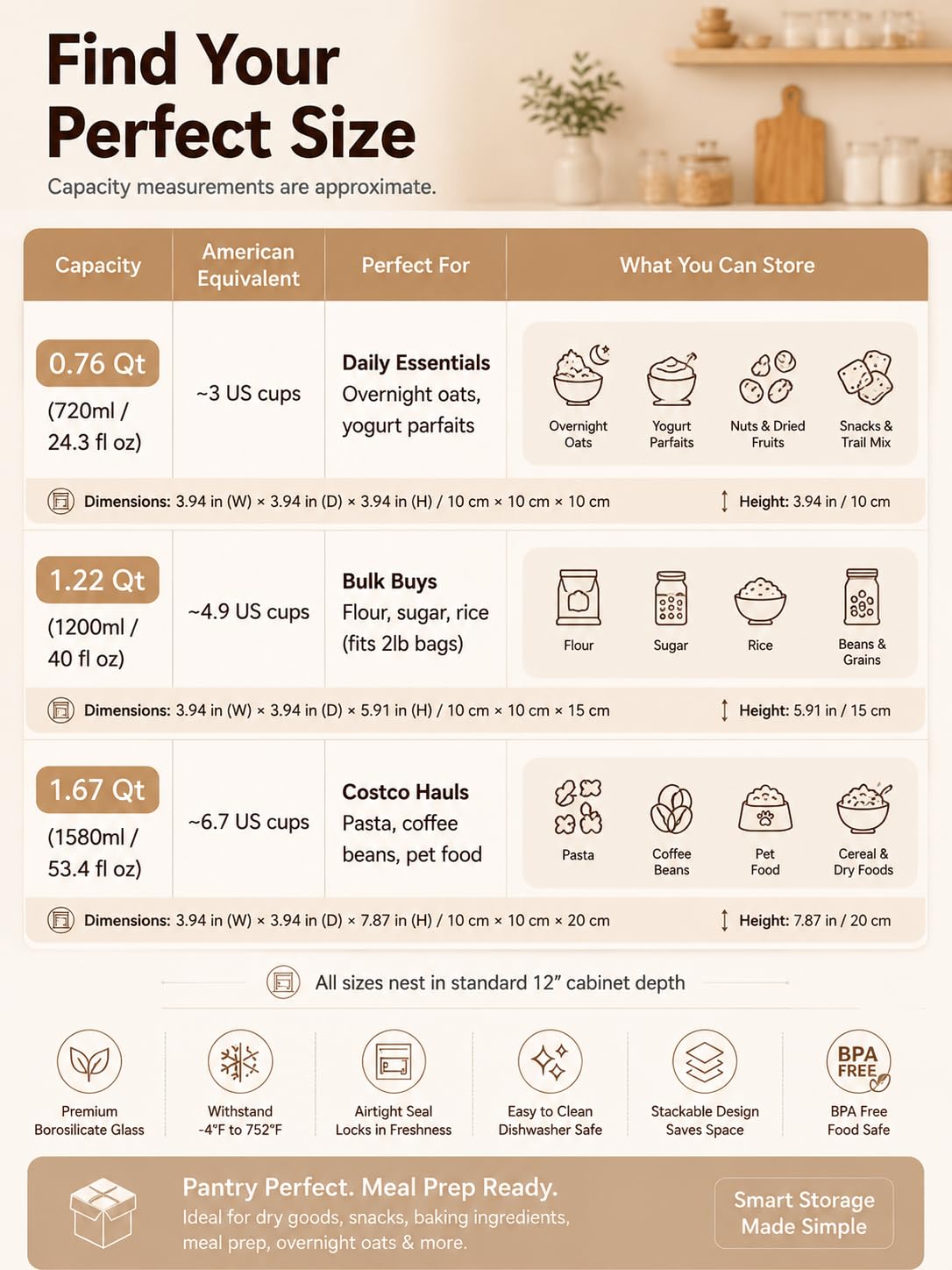 Juego de 4 recipientes cuadrados de vidrio para despensa con tapas de vidrio, 1.22 cuartos de galón, herméticos, apilables, para pasta, cereales, harina, aperitivos, tarros de almacenamiento