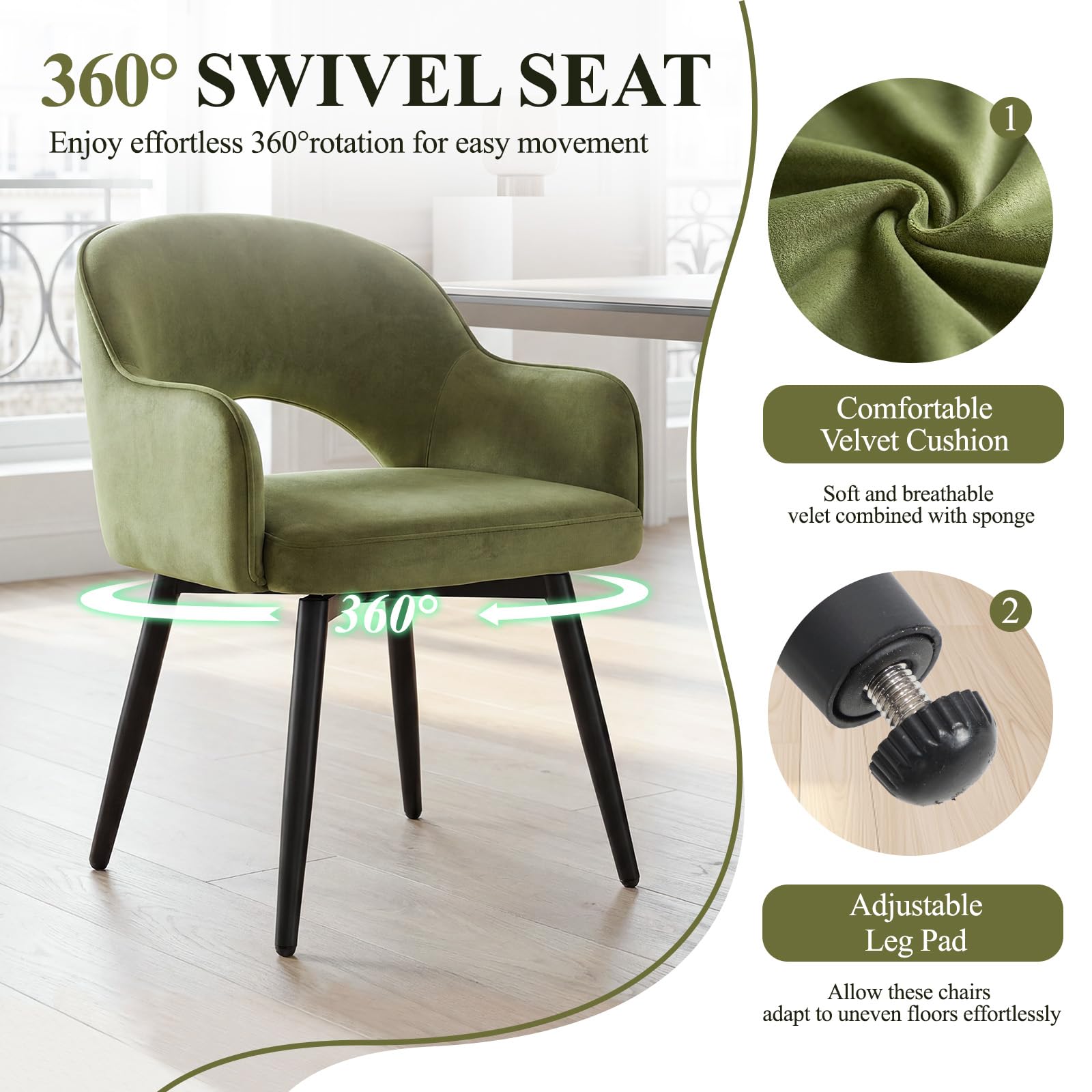 chairus Juego de 4 Sillas de Comedor Terciopelo Sillas de Cocina Giratoria con Patas Negras, Sillas de Hogar Modernas con Respaldo Hueco para Restaurante/Cafetería, Verde