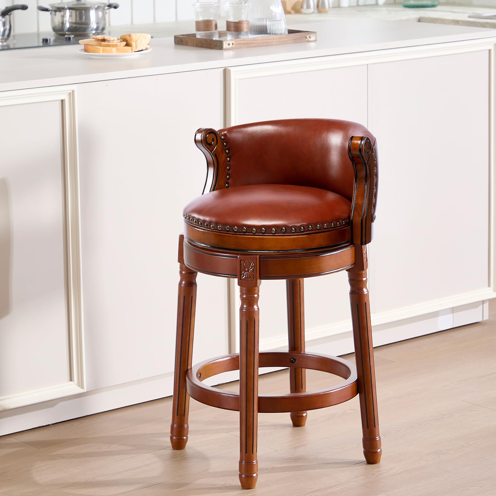 RAINMOOD Bar Stools Counter Height Bar Stool-Rubber Wood Swivel Barstools with Back & Footrest -Genuine Leather Upholstered Bar Chair for Bar, Kitchen, Dining Room