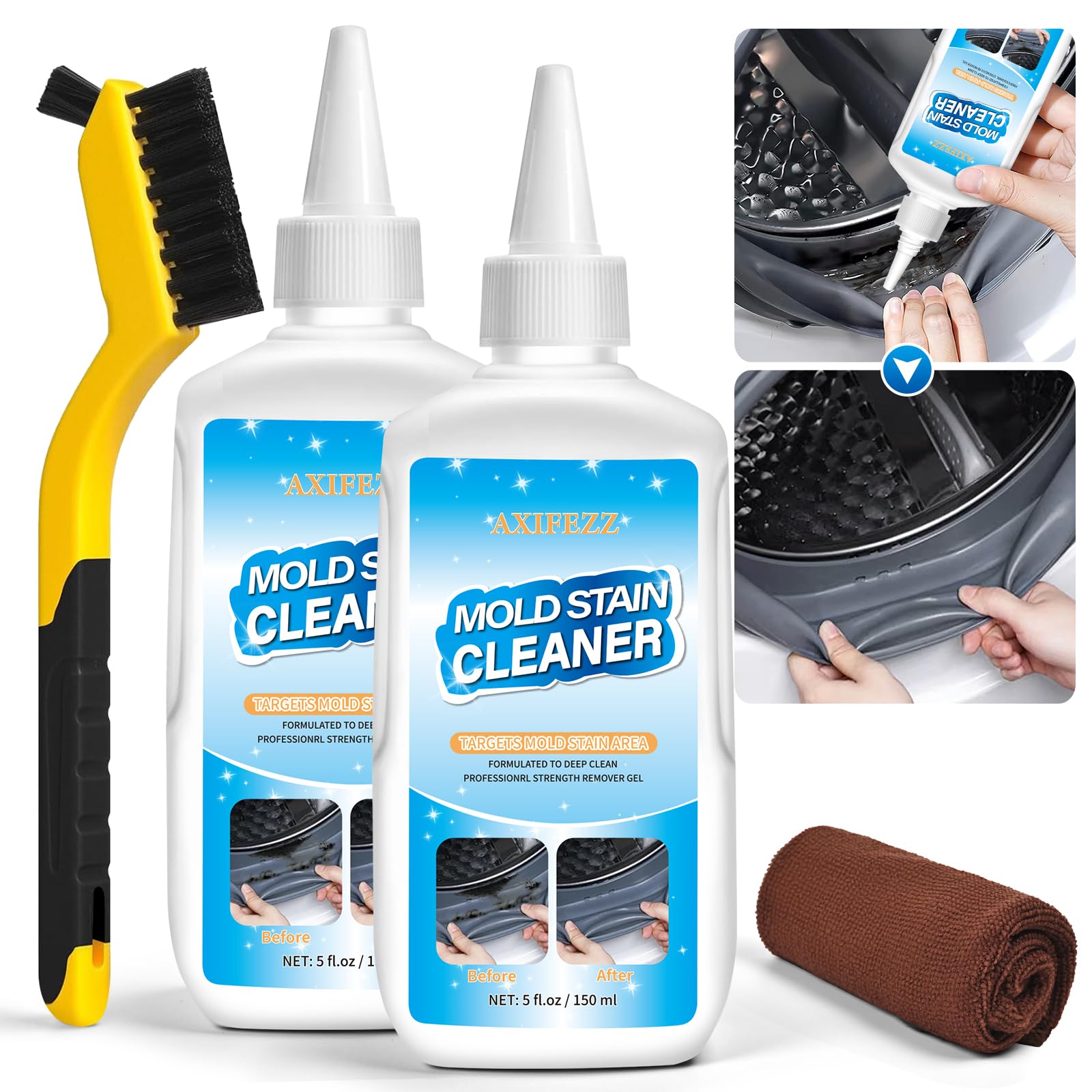 AXIFEZZ Mould Remover Gel, 2 Pack Household Washing Machine Cleaner, Grout Cleaner Gel with Brush and Cloth for Kitchen & Bathroom Cleaning, Shower, Sinks, Tiles, Grout and Refrigerator Strips