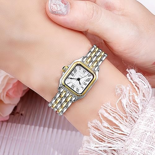 Miniatura 4 de BESTKANG Relojes para mujer Vintage Square Classic Reloj de lujo con números romanos Dial Oro Plata Dos Tonos Banda de Acero Inoxidable Elegante