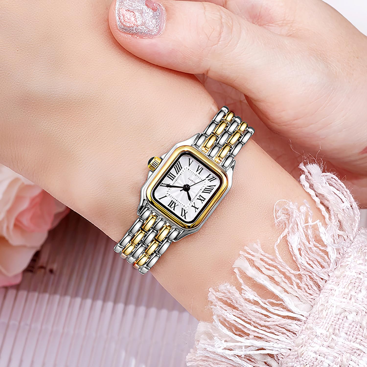 BESTKANG Reloj de pulsera para mujer, clásico, cuadrado, clásico, de lujo, con números romanos, esfera dorada y plateada, correa de acero inoxidable de dos tonos, elegante, para mujer