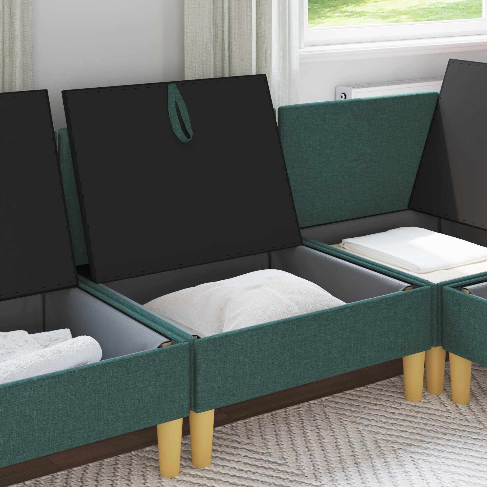 Nowoczesna sofa materiałowa z miejscem do przechowywania, skandynawski design, trwała, wygodna, do salonu, biura, lounge, z funkcją spania, skrzynia na pościel, wysuwana, przytulna