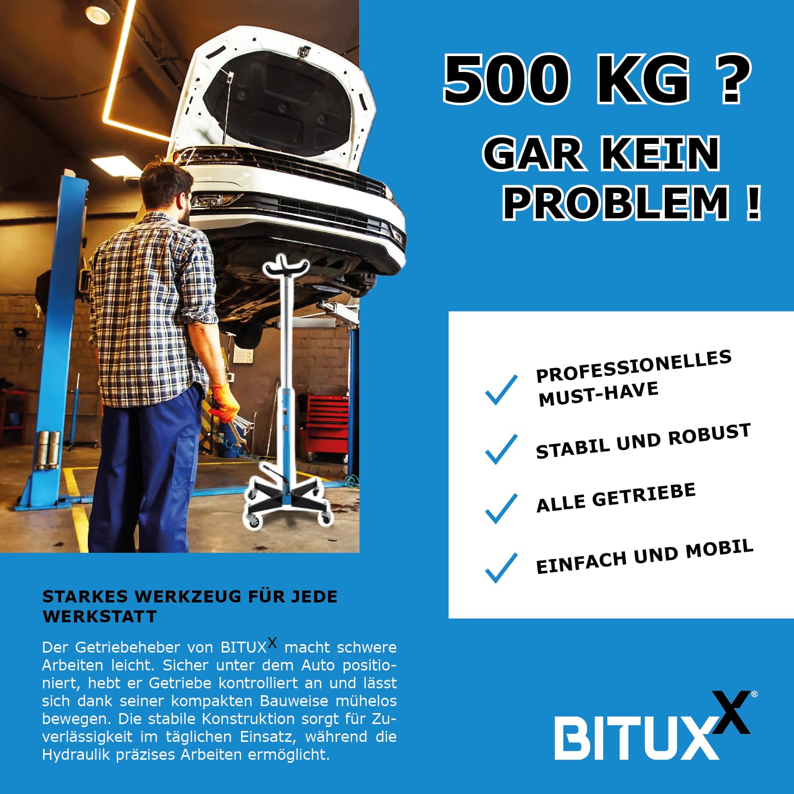 Bituxx Hydraulischer Getriebeheber Werkstatt Hydraulikheber Höhenverstellbar Getriebewechsel PKW KFZ 500Kg 105-185cm
