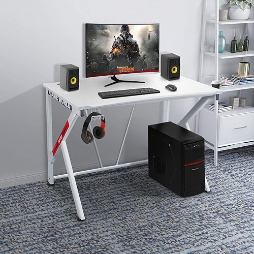 Escritorio para juegos de 42 pulgadas, escritorio blanco para computadora en casa con soporte para tazas y gancho para auriculares, estación de