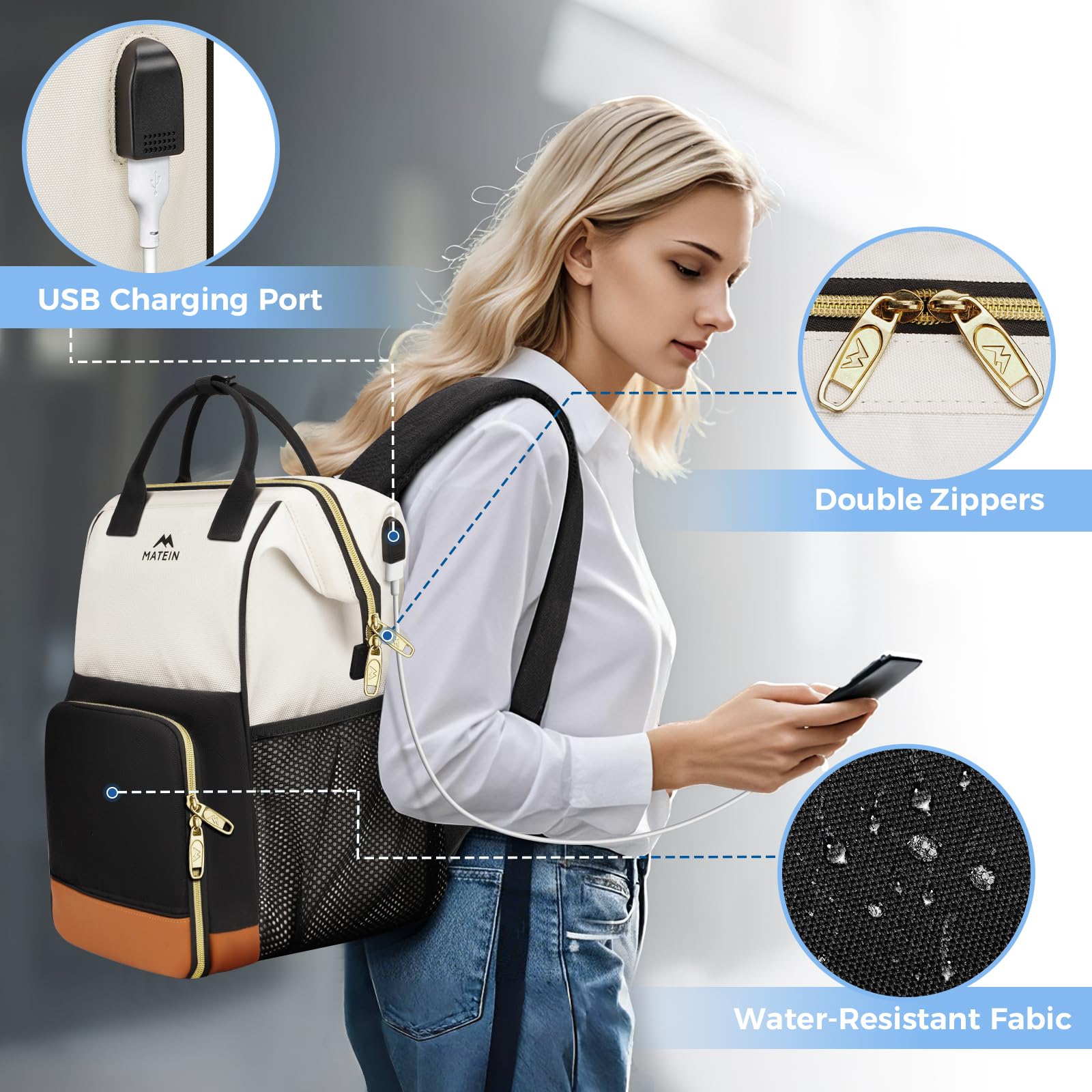 Mochila de almuerzo aislada para mujer, mochila de trabajo para laptop de 15.6 pulgadas con puerto de carga USB, mochilas para computadora universitaria resistente al agua, bolsa de almuerzo 7