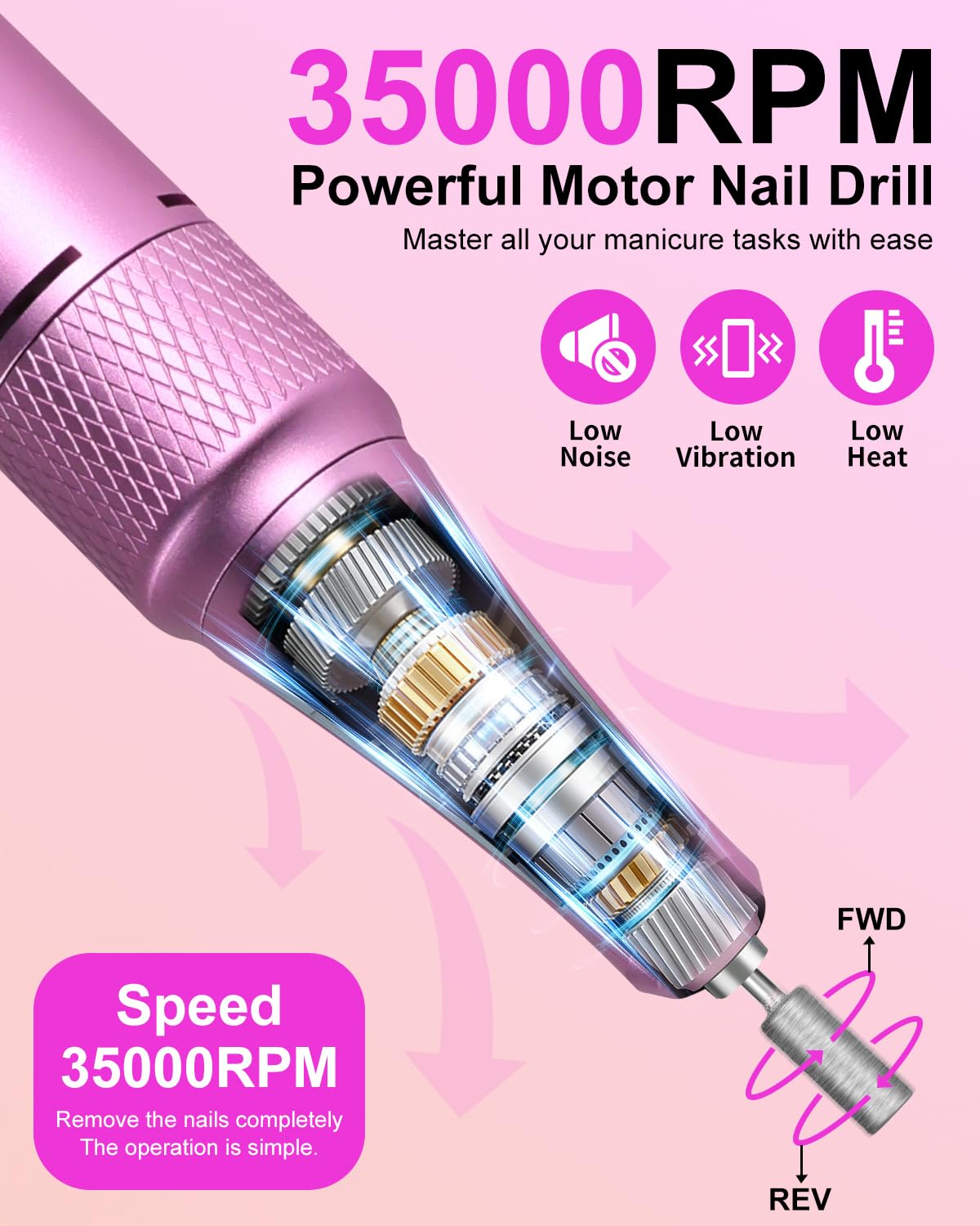 Kit de taladro de uñas profesional de 35000 RPM con clip, portátil, inalámbrico, recargable, velocidad ajustable con pantalla LCD y 14 puntas para manicura de gel acrílico, pedicura, adecuado para
