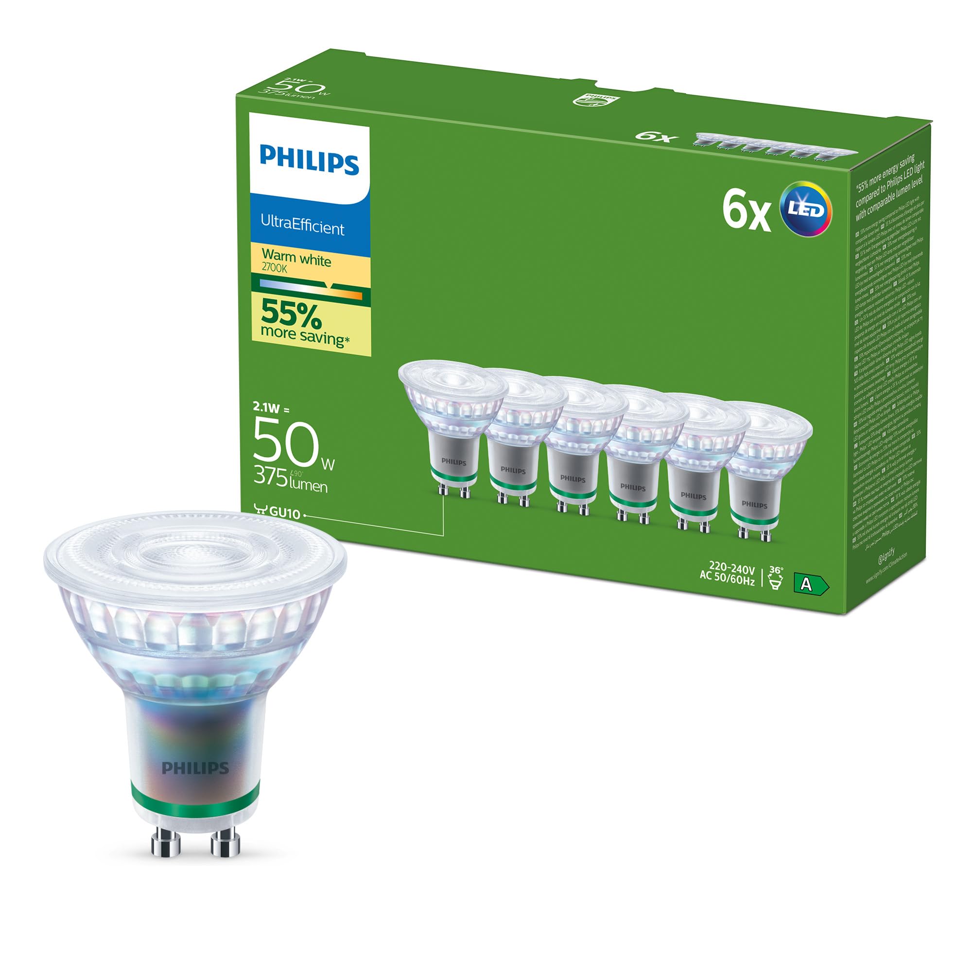 Żarówka GU10 Philips UltraEfficient LED, 6-Pak, 215 Lumenów, 35 W, Bez Migotania, EyeComfort, Długa Żywotność, Ciepła Biel 2700 K