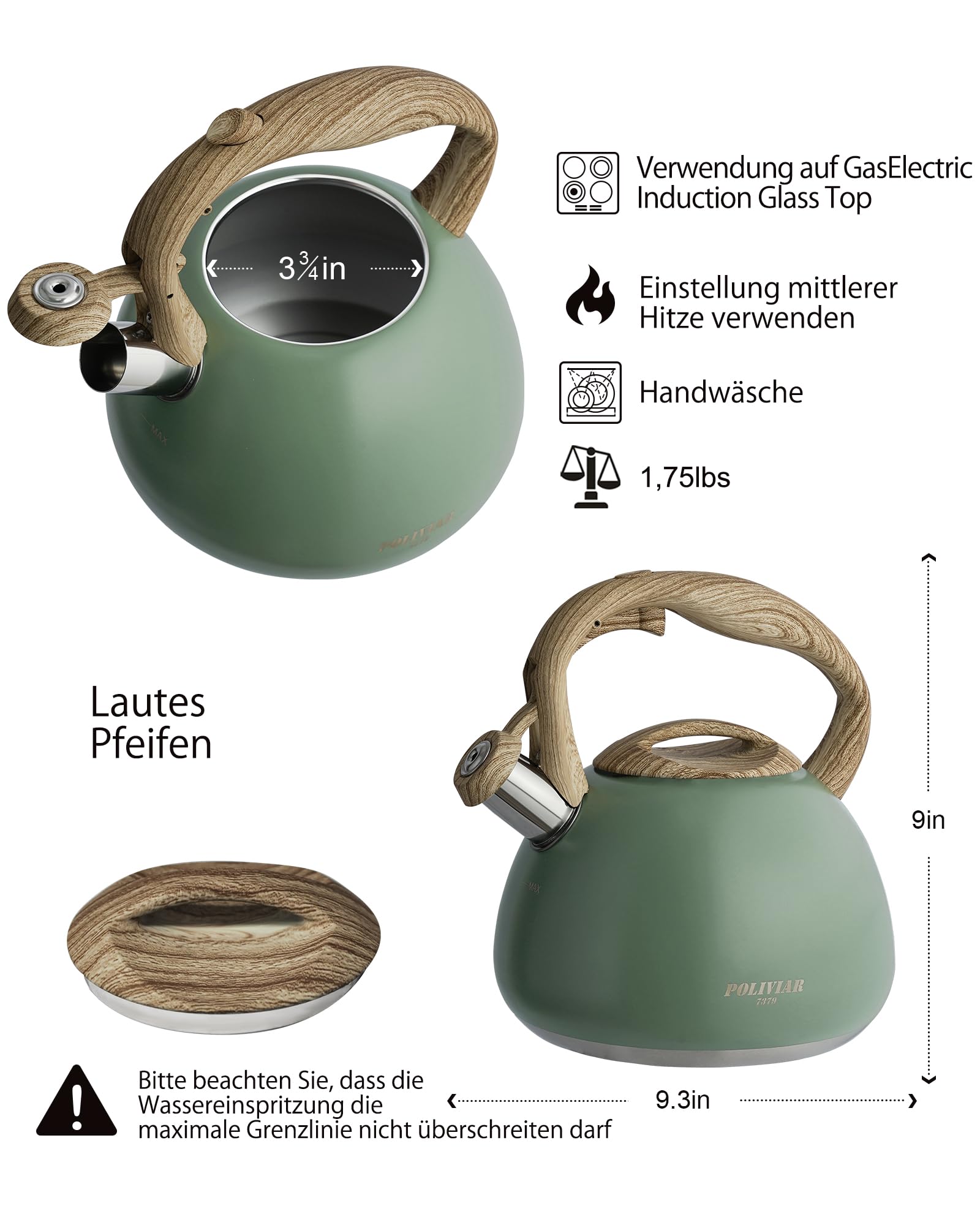 Poliviar Wasserkessel Induktion, Edelstahl Pfeifkessel, Teekessel für alle Kochplatten, Flötenkessel mit Holzmasergriff, Wasserkocher für Tee & Kaffee, max. 2.7L, Wildes grün