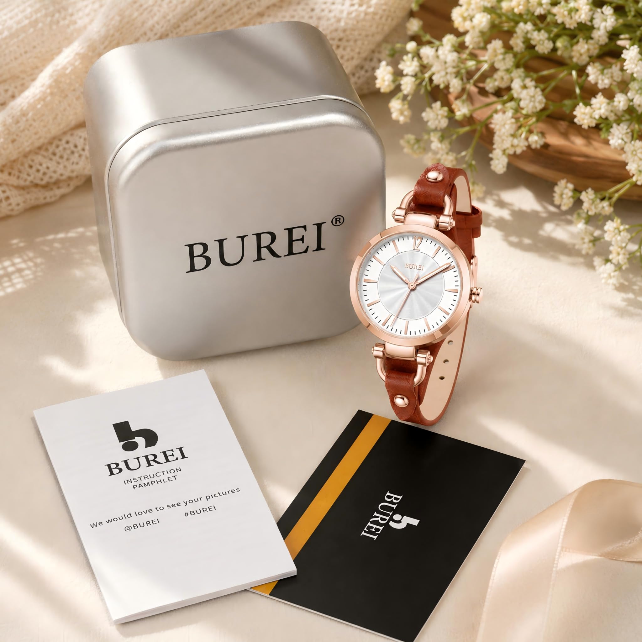 BUREI Orologio da donna semplice con cinturino in pelle, analogico, al quarzo, piccolo, sottile, orologio da polso con cinturino, regalo per donne (oro rosa marrone)