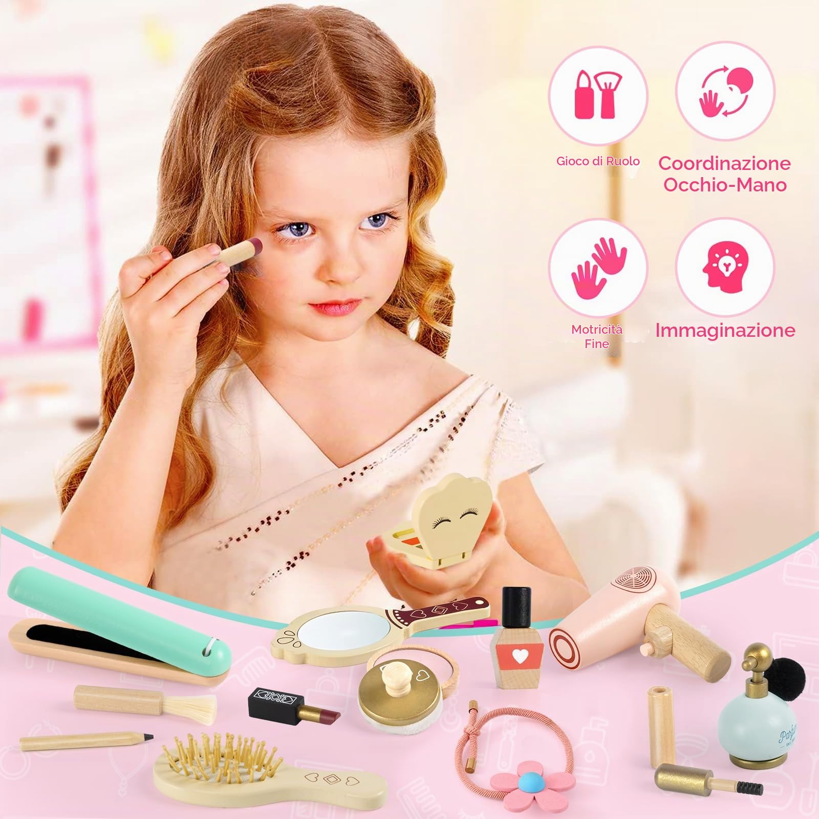 Atoylink Trucchi Bambina in Legno 3 4 5 6 Anni, Finti Trucchi Set con Set Parrucchiera Bambina Trousse Trucchi Giocattoli Giochi Legno Regalo per Bambini Ragazza 3 4 5 6 7 Anni