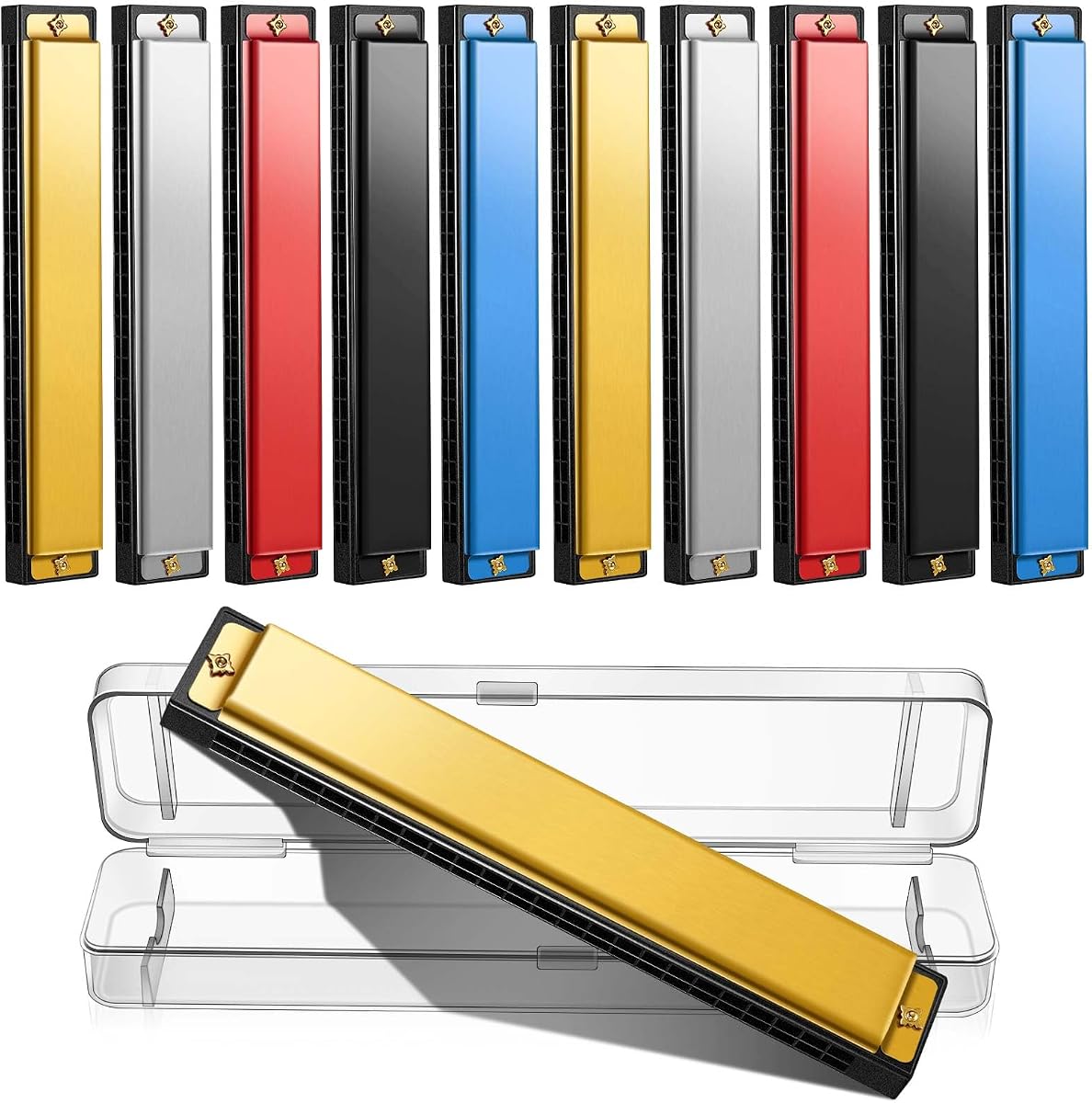 10 Pcs Harmonica Set Titanium Color Harmonica with Case Cleaning Cloth Diatonic Chromatic Musical Mouth Organ for Beginners(24 Hole 24 Tones)
